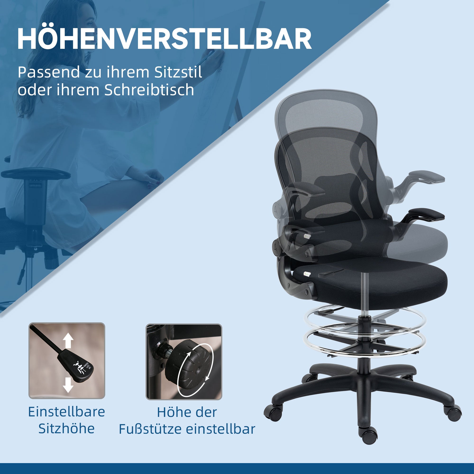 Vinsetto Zeichenstuhl, höhenverstellbarer Bürostuhl, mit Fußstütze, 59 cm x 65 cm x 122 cm, Schwarz