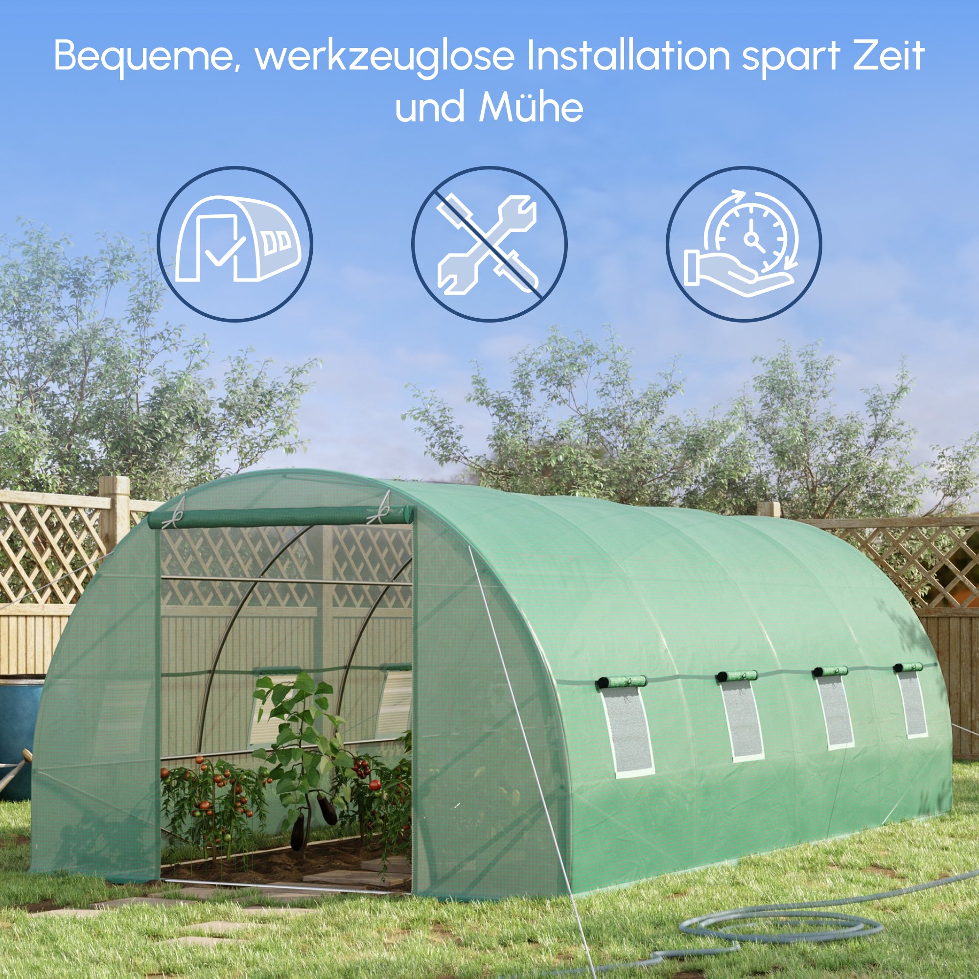 Outsunny Foliengewächshaus Tomatengewächshaus Treibhaus Folientunnel Frühbeet mit Fenster Grün 595 x 300 x 200 cm