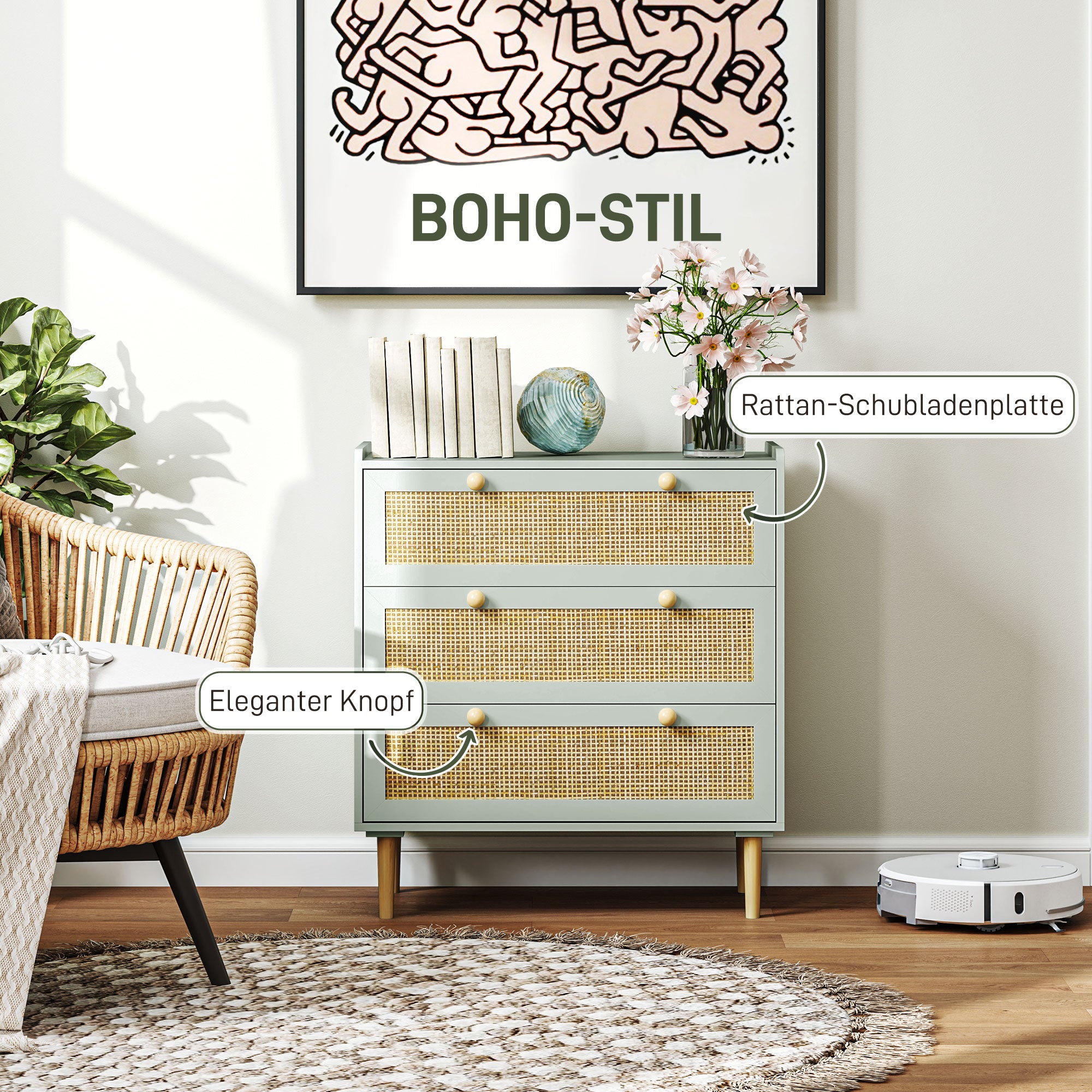 HOMCOM Schlafzimmer-Kommode mit 3 Schubladen, Rattan-Fronten, Kleiderkommode für Flur, Eingangsbereich, MDF, Grün