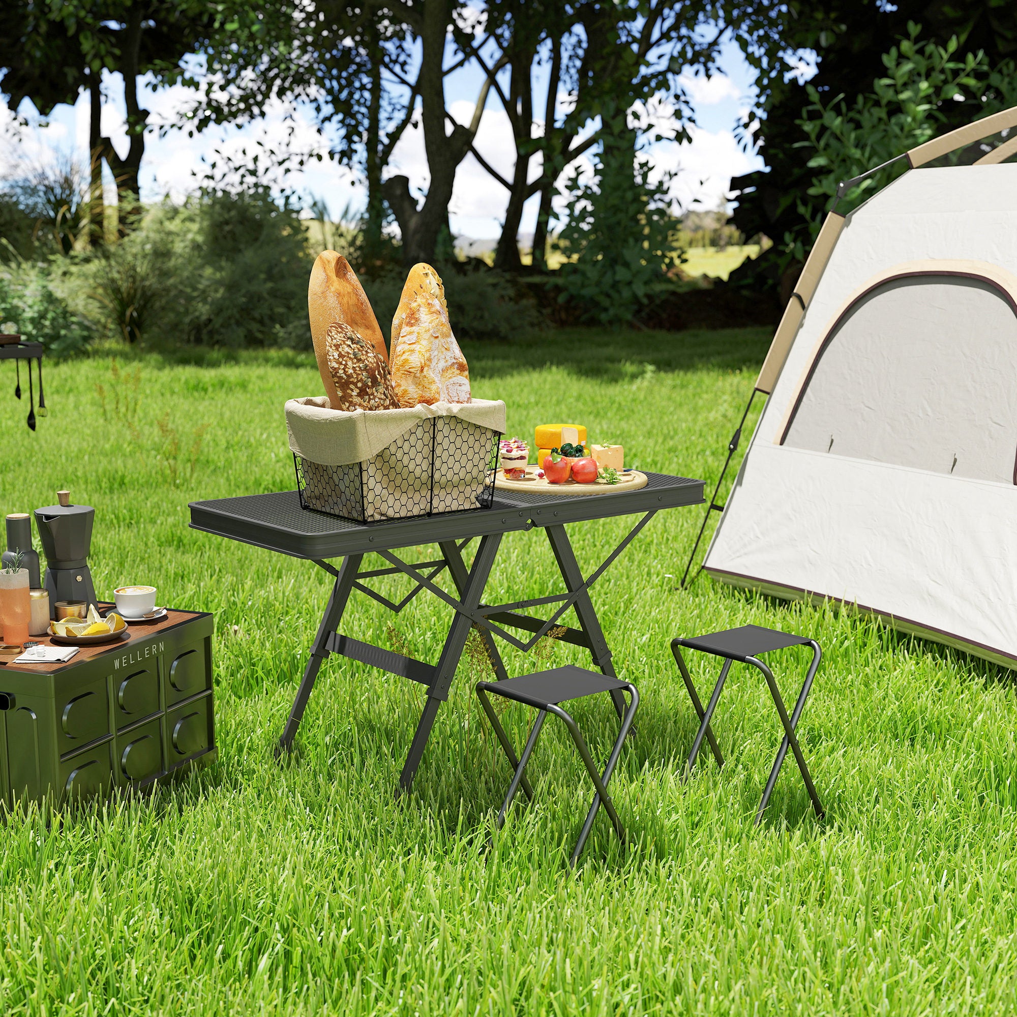 Outsunny Campingtisch höhenverstellbar Klapptisch mit Metallgitter Klappbar aus Aluminium