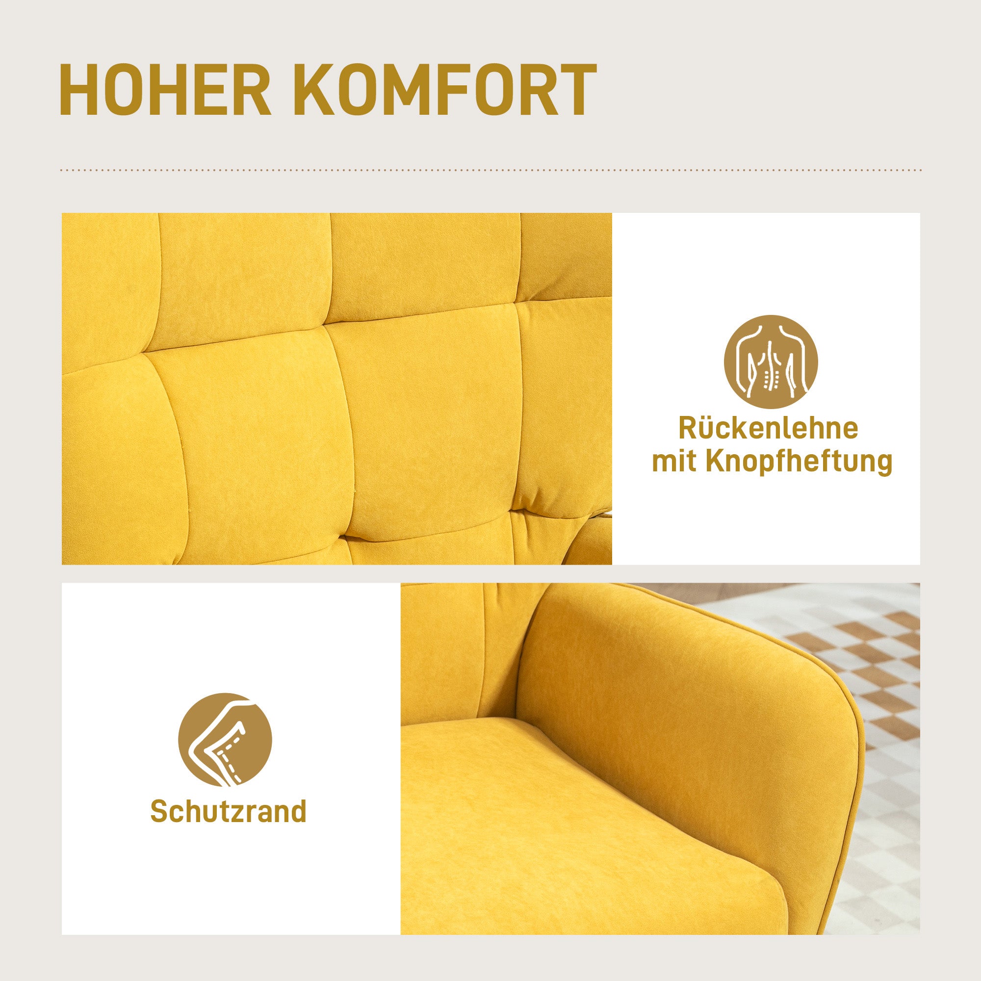 HOMCOM Polstersessel, Wohnzimmersessel mit Steppung, weicher Bezug in Samtoptik, bis 120 kg, Gelb