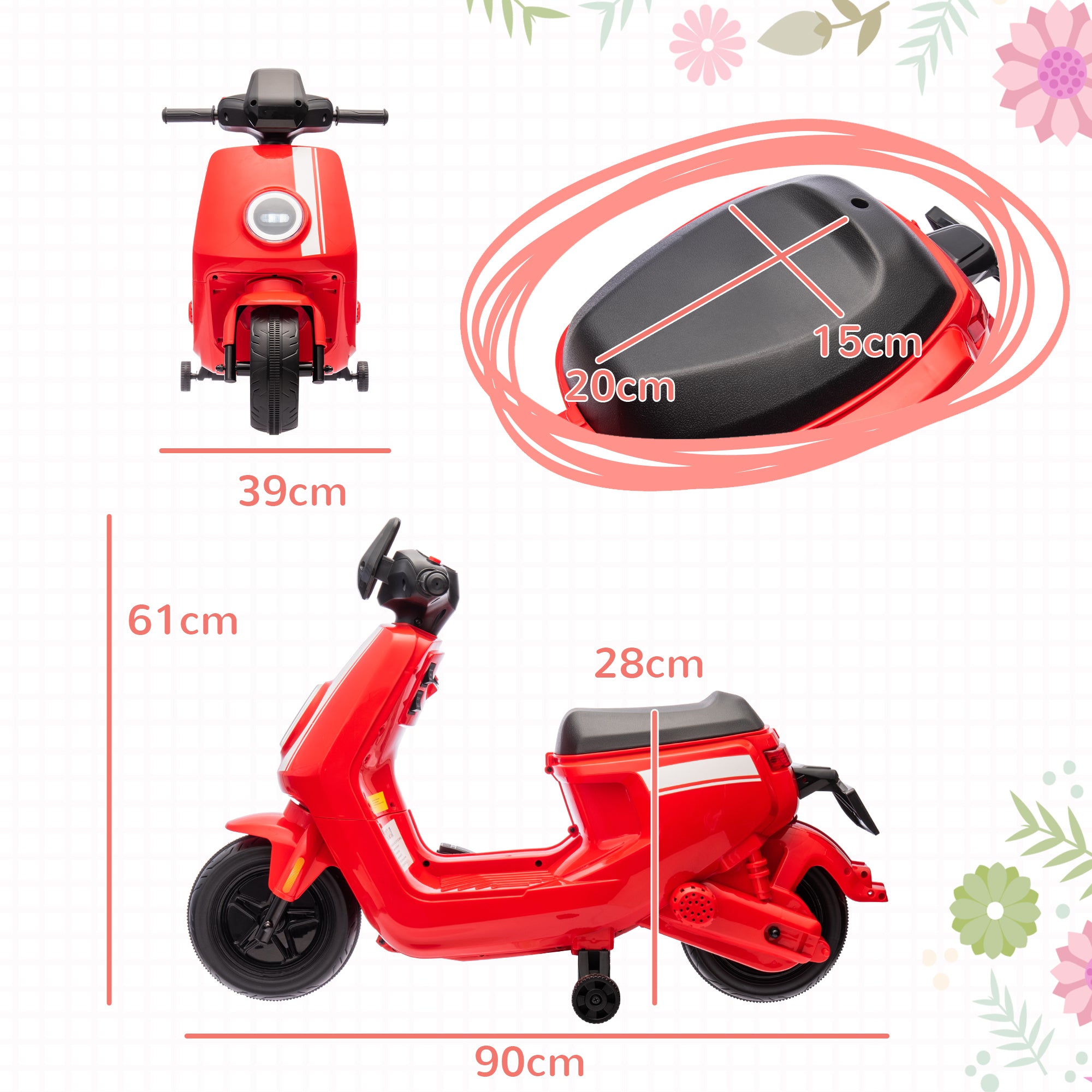 AIYAPLAY 6V Elektro-Motorrad für Kinder, mit Scheinwerfer und Musik, Vor- und Rückwärtsgang, Trainingsräder, 18-36 Monate, Rot