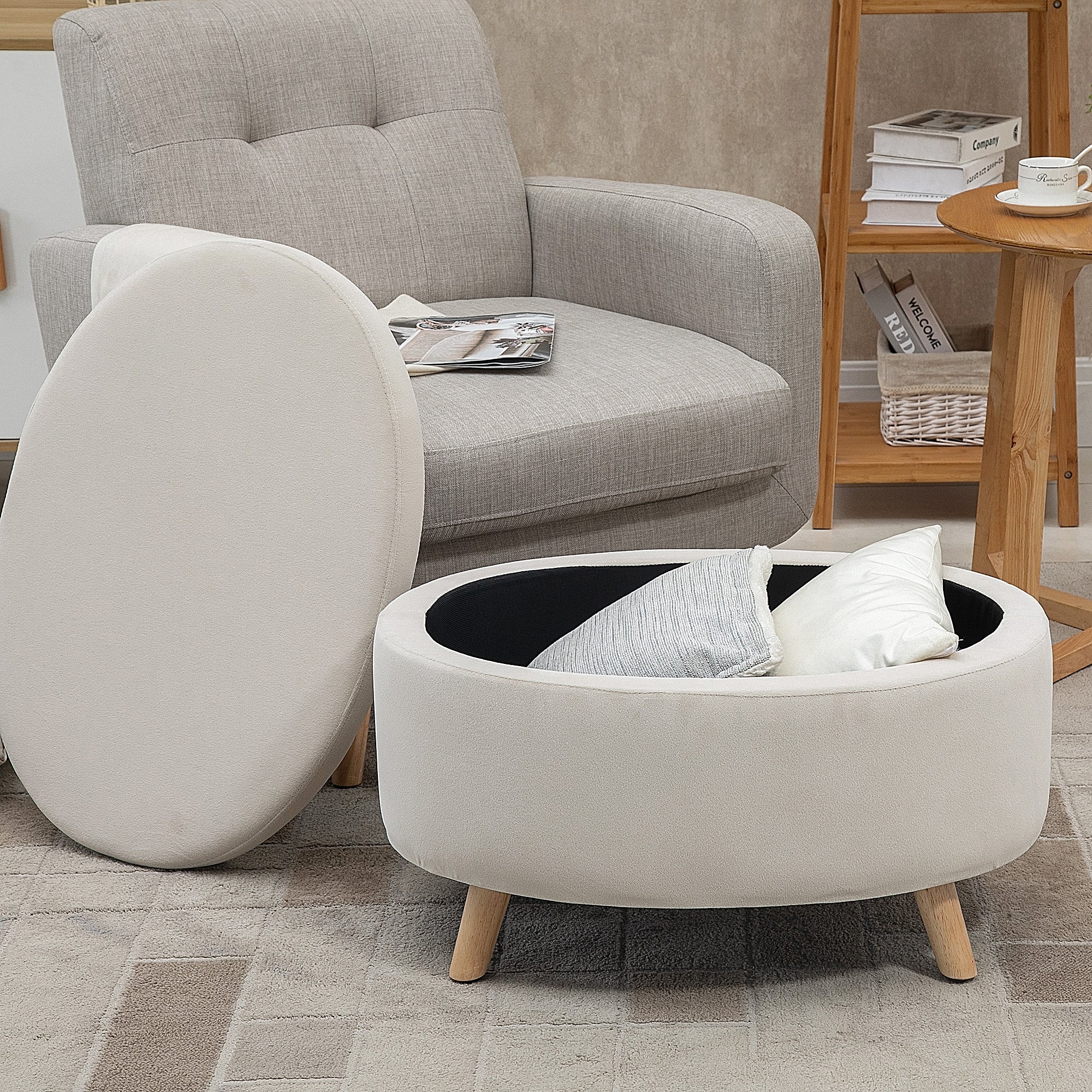 HOMCOM Sitzbank mit Stauraum, Hocker, ovale Form, Samtoptik, bis 120 kg, 71 x 51,5 x 42 cm, Beige