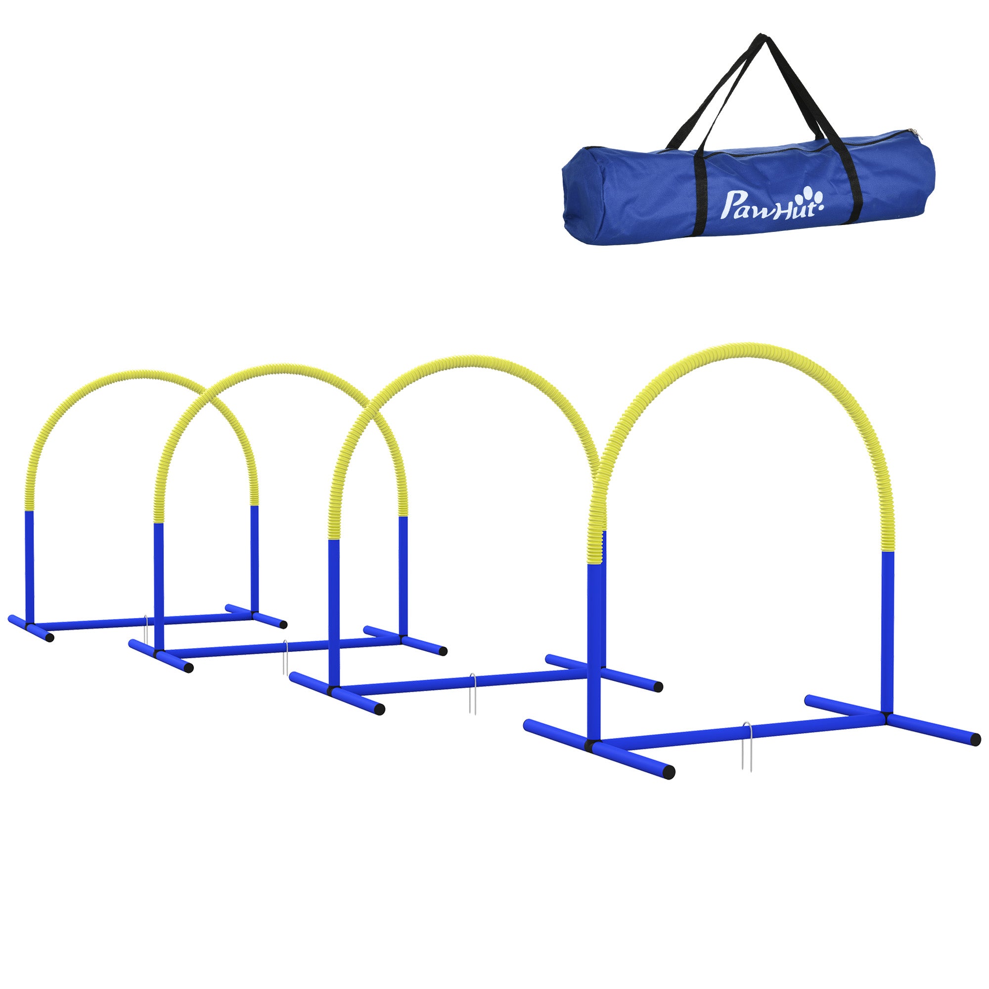PawHut Agility-Set für Hunde, Hundetraining, 4 Bögen, für Einsteiger, mit Tragetasche, blau+gelb, 88 x 64 x 95cm