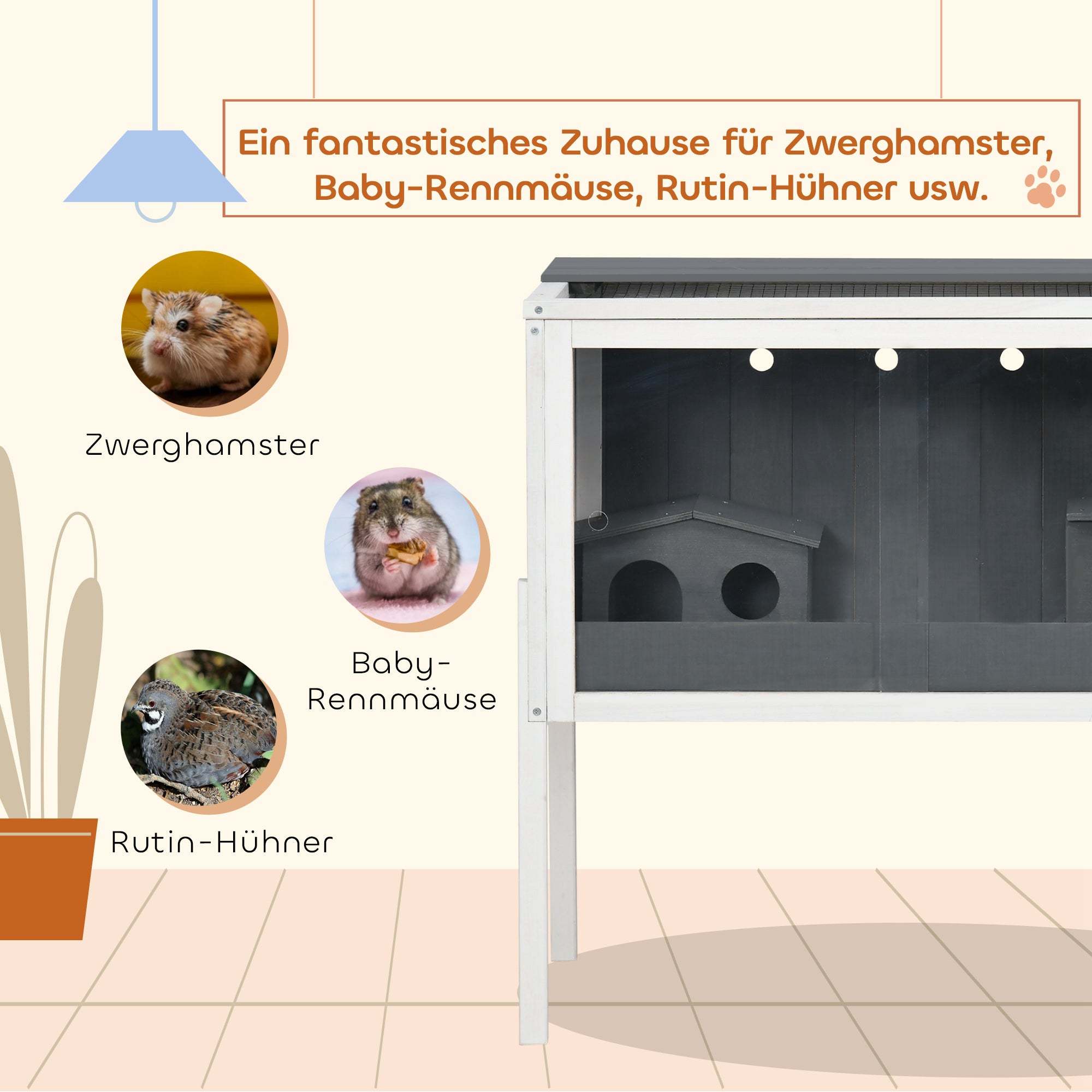 PawHut Hamsterkäfig, 3000 cm² Zwerghamsterkäfig aus Holz und Metall, mit 2 Hütten, Acrylschiebetüren, stabil, sicher, Grau+Weiß