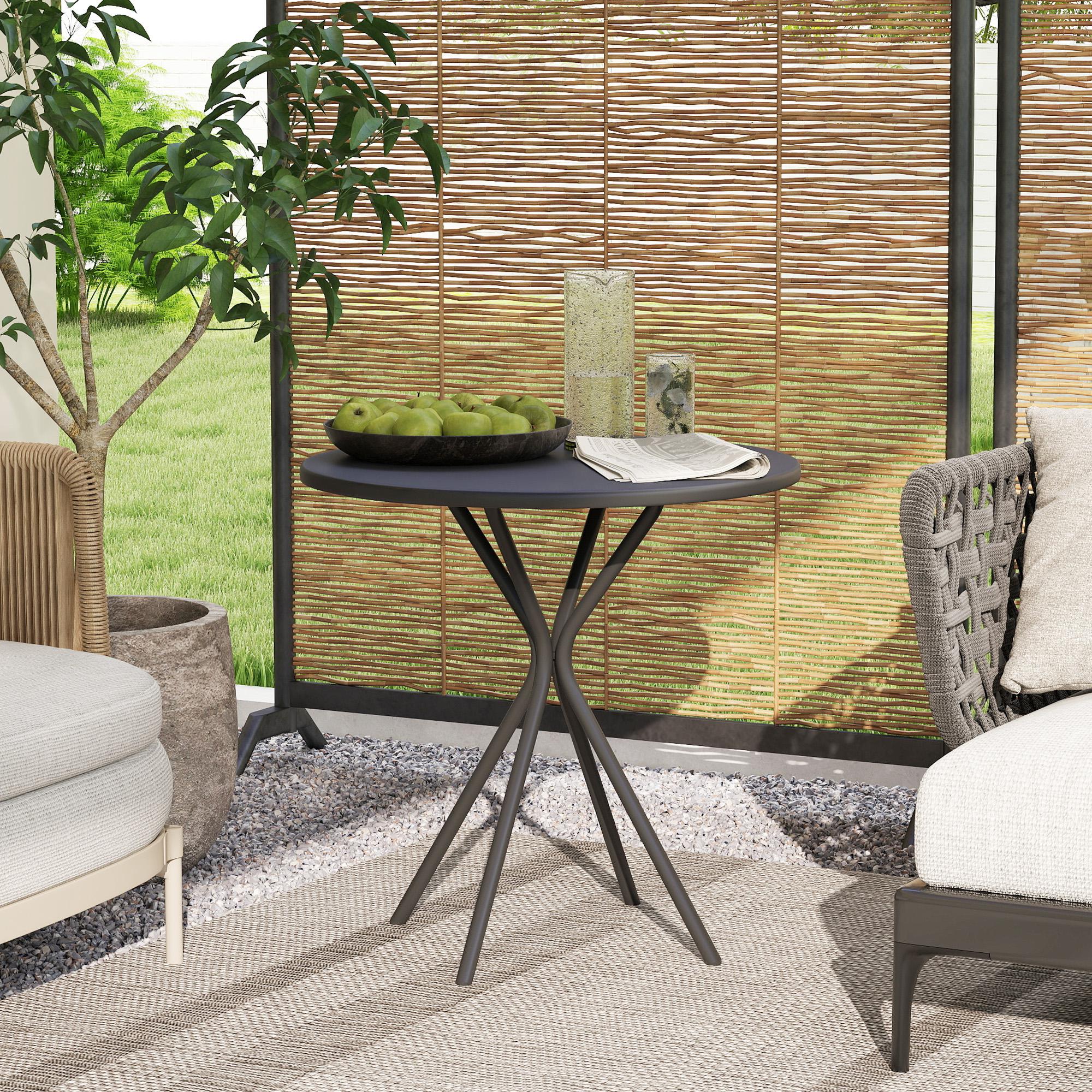 Outsunny Gartentisch Ø60 x 70 cm, Wetterfest Balkontisch aus Stahl, Runder Esstisch mit Fußpolster Schwarz
