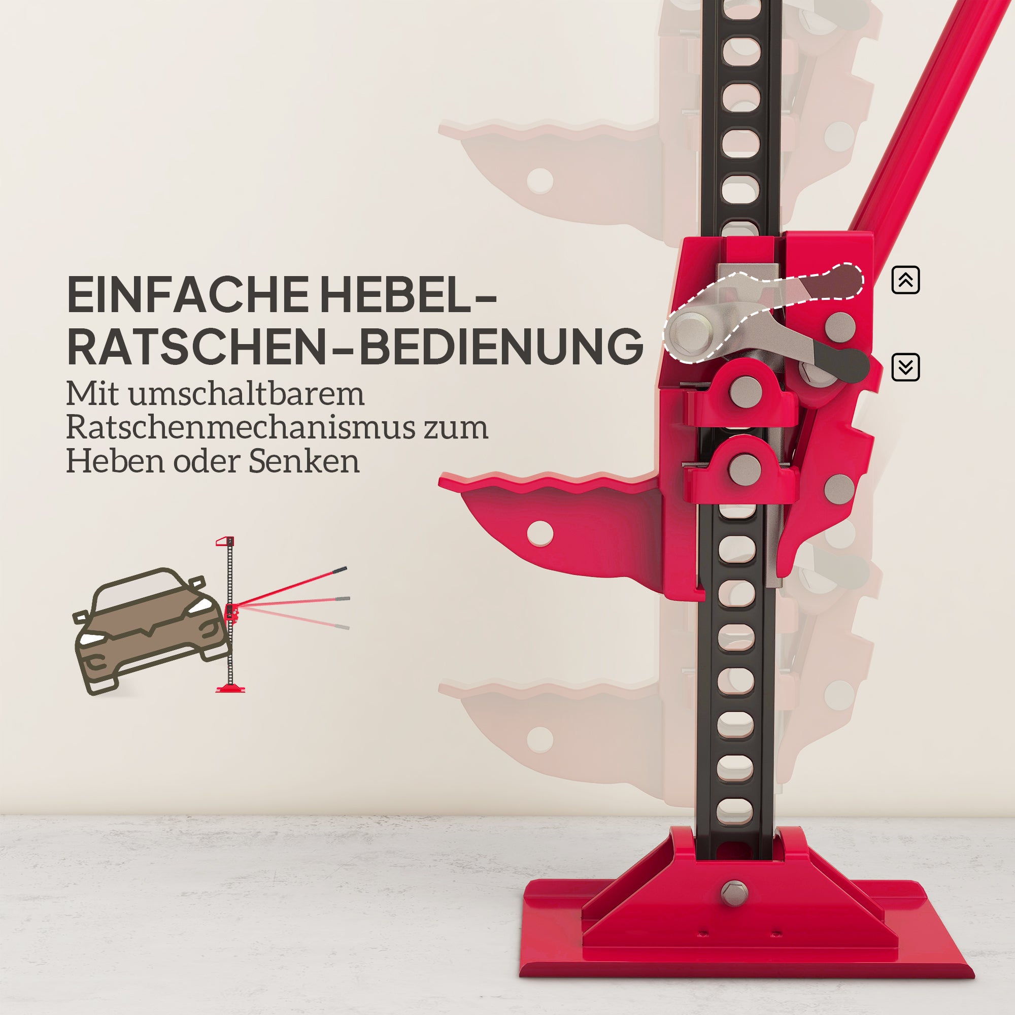 HOMCOM Farm Jack Wagenheber 135 cm 3000 kg Tragkraft Offroad Stockwinde aus Stahl Rot+Schwarz