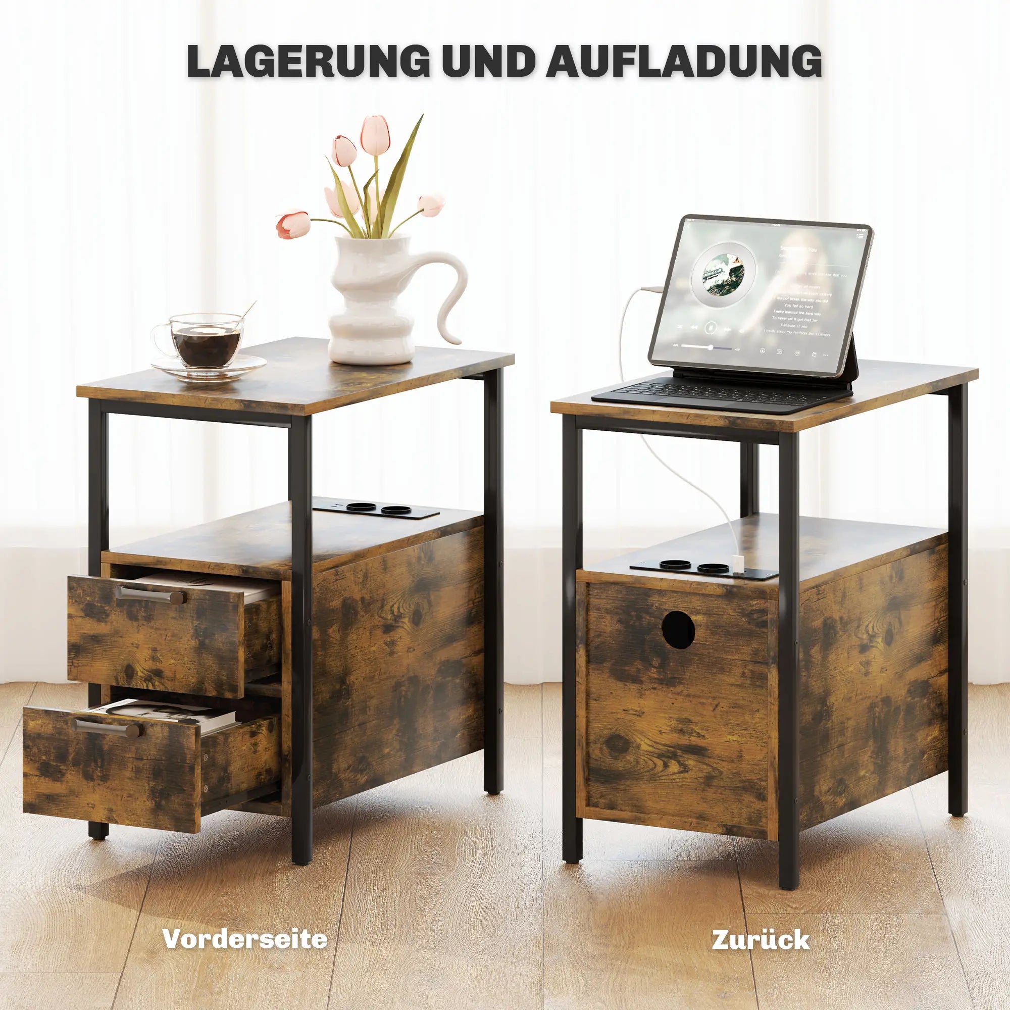 HOMCOM Beistelltisch mit Aufladestation & 2 Schubladen – Rustikal-Braun