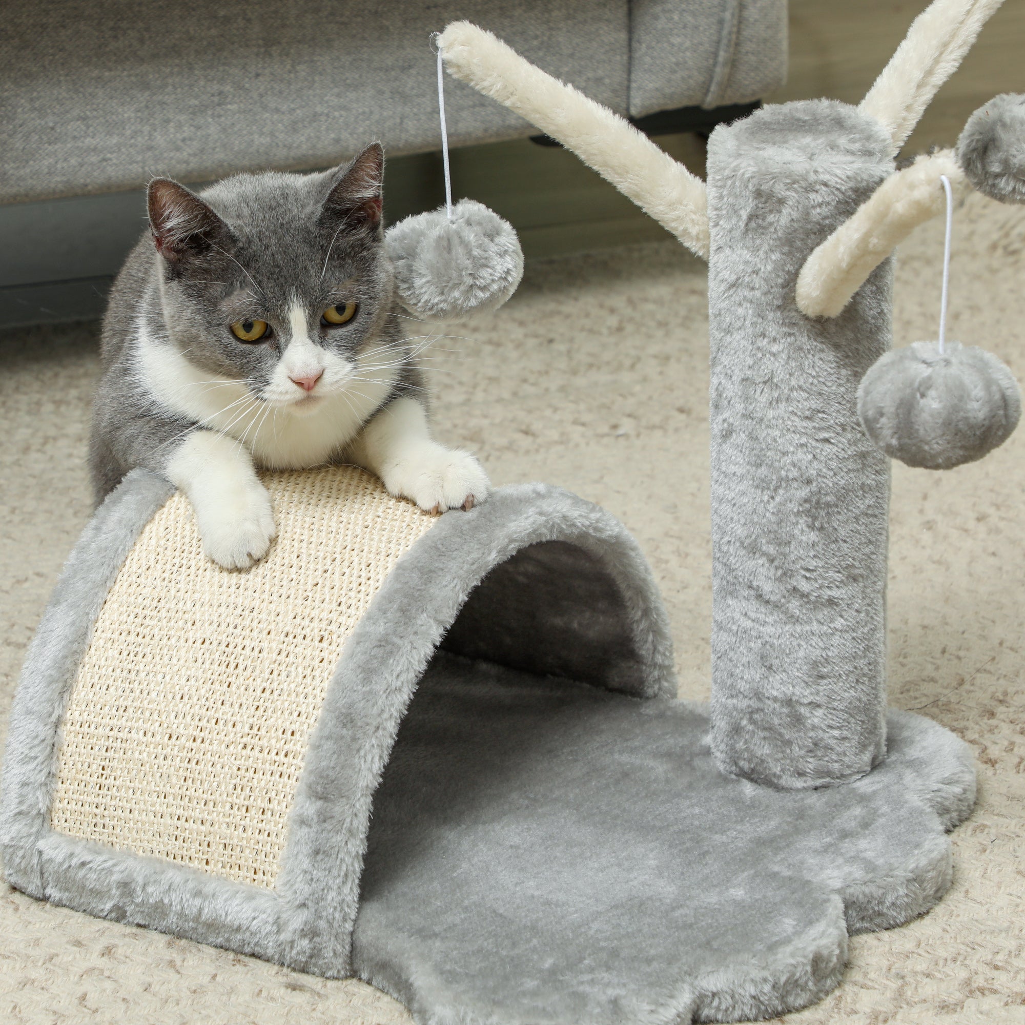 PawHut Kratzbaum 40 cm Kleiner Katzenturm mit Höhle, 2 Spielball, Kratzmatte, Katzenkratzbaum, Kletterbaum, für kleine & große Katzen, Hellgrau