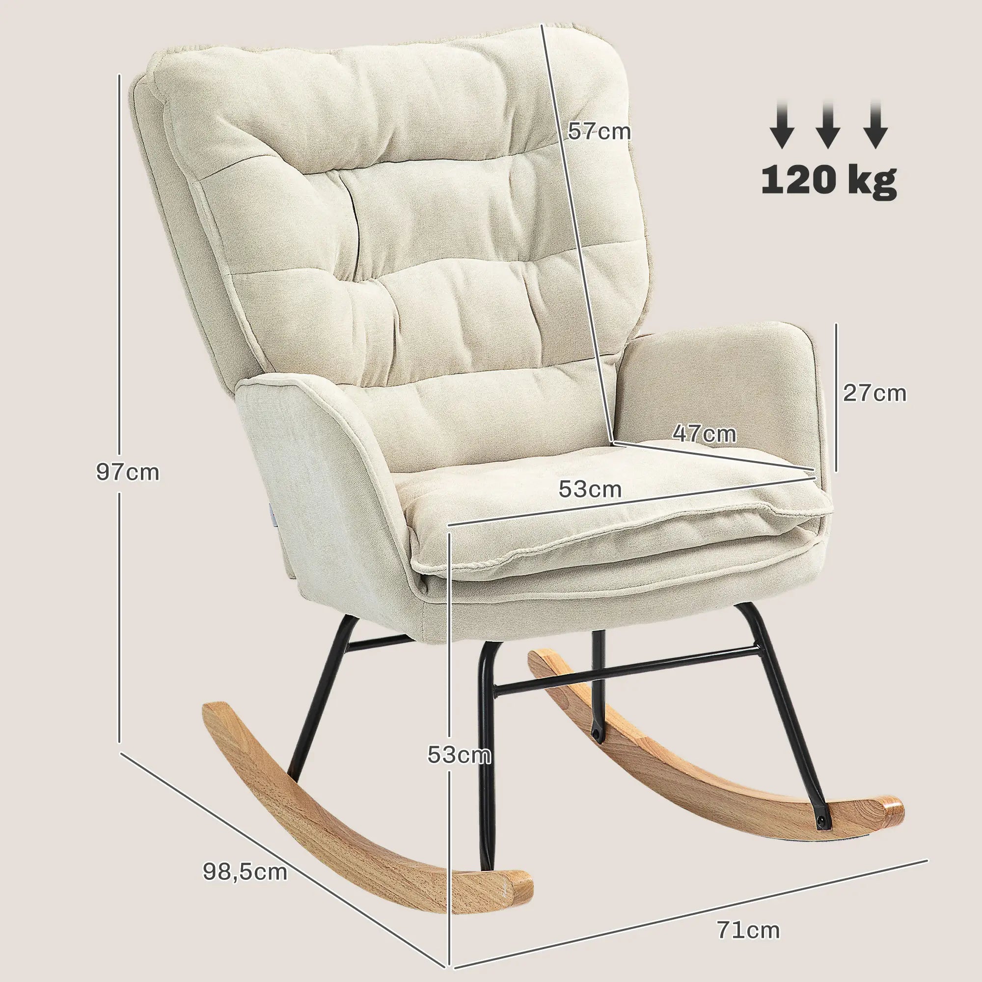 HOMCOM Schaukelstuhl, breiter Sitz, hohe Rückenlehne, Buchenholzrahmen, bis 120 kg, Beige