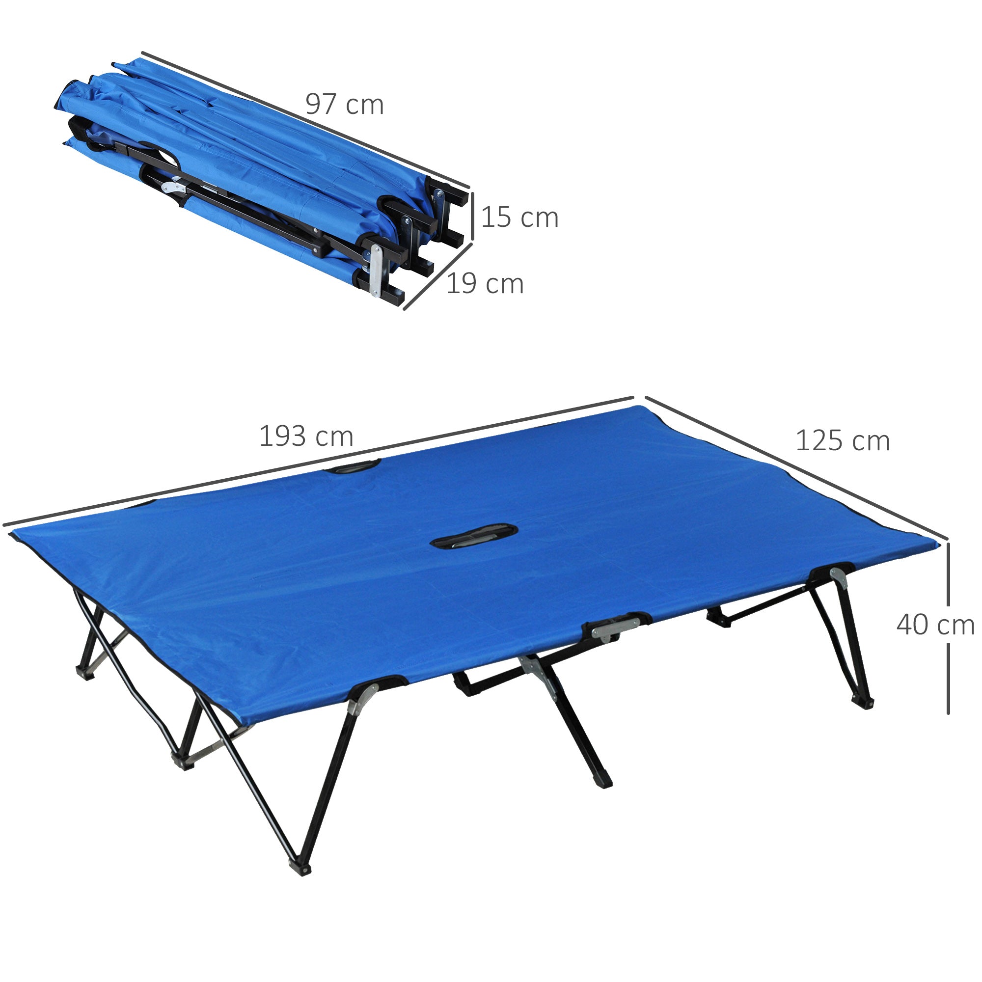 Outsunny Campingbett Klappbar für 2 Personen Feldbett Klappbett mit Tragetasche bis 136 kg belastbar Stahl Oxford Blau+Schwarz 193 x 125 x 40 cm