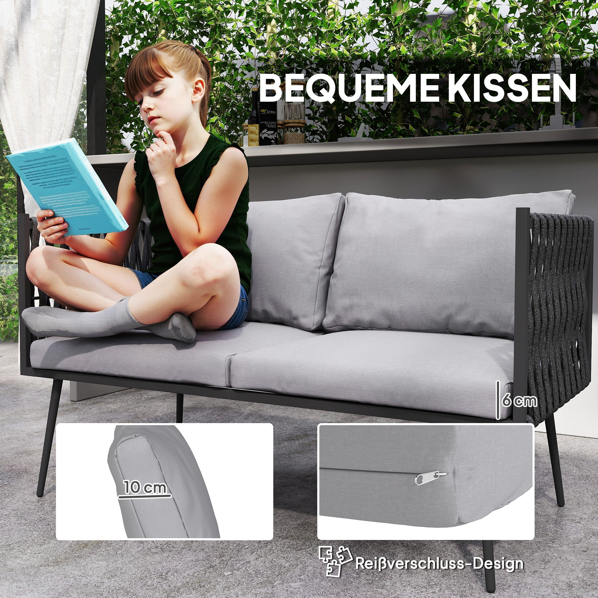 Outsunny Gartenmöbel Set 4 Personen wetterfest Balkonmöbel-Set mit 2er Sofa, Sessel Glastisch Sitzkissen Hellgrau
