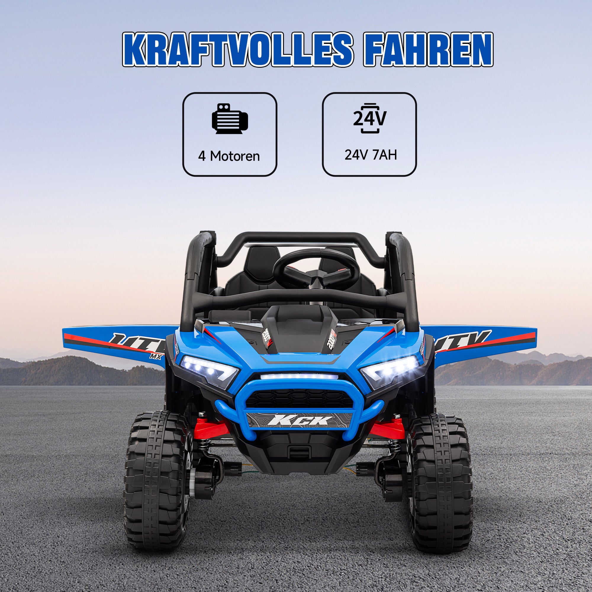 AIYAPLAY Kinderauto Elektro-UTV, 5-7 km/h, 2-Sitzer, Fernbedienung, Musik, Lichter, 1h Fahrtdauer, Blau
