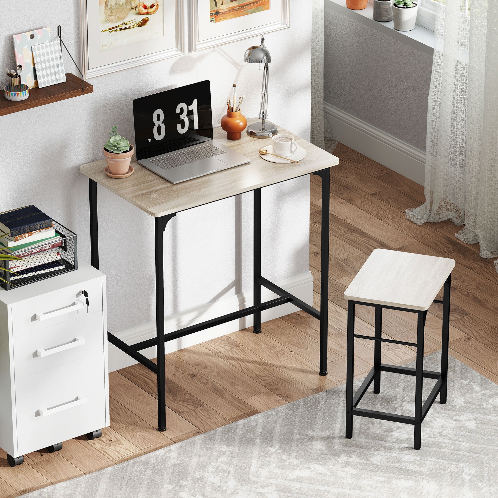 HOMCOM Bartisch Set Bartisch mit Barhocker-Set Esstisch mit 2 Stühlen mit Rutschfestem Fußpolster Naturholz