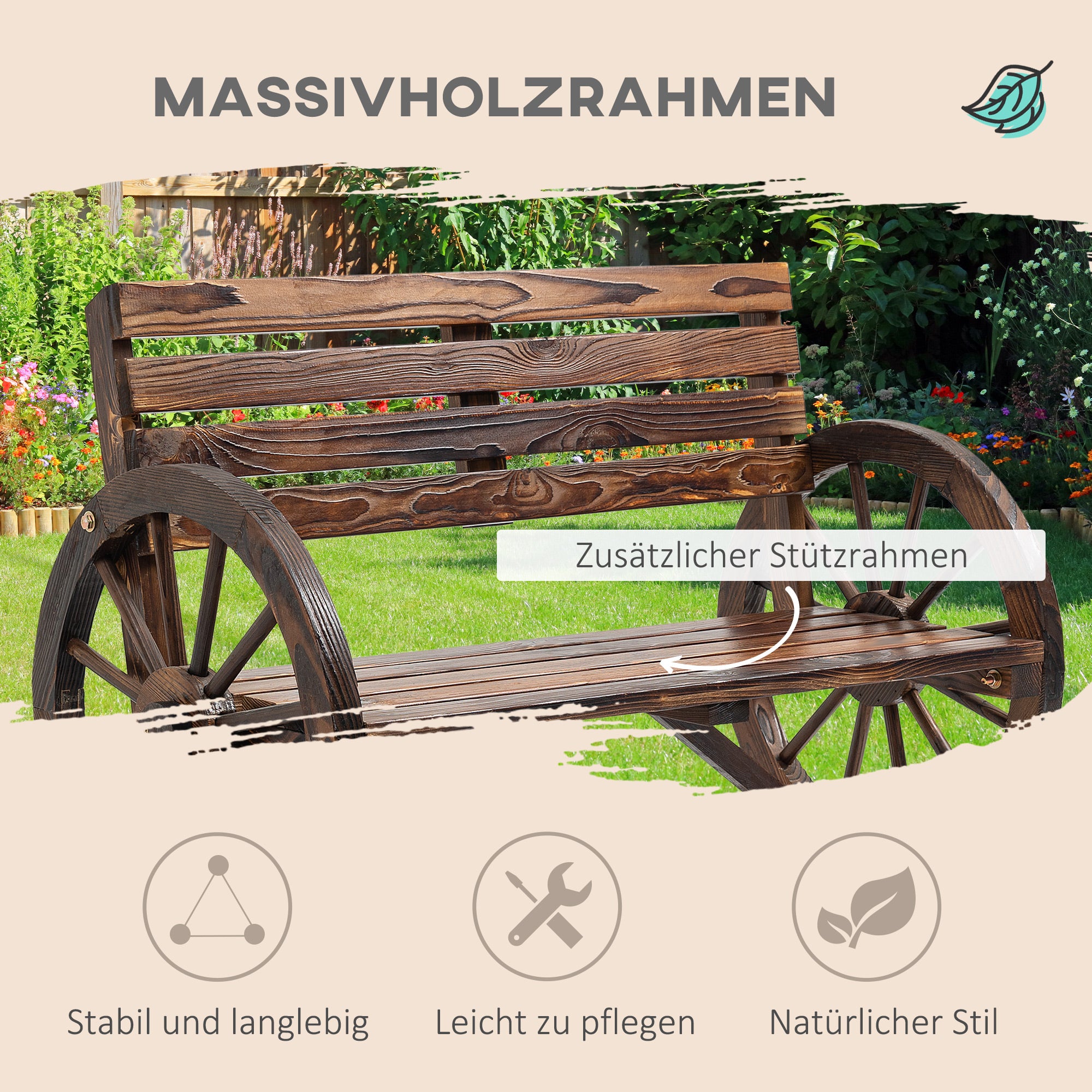 Outsunny Gartenbank, Wagenrad-Design, für 2 Personen, Naturholz, dunkelbraun, 105,5 x 56 x 79cm
