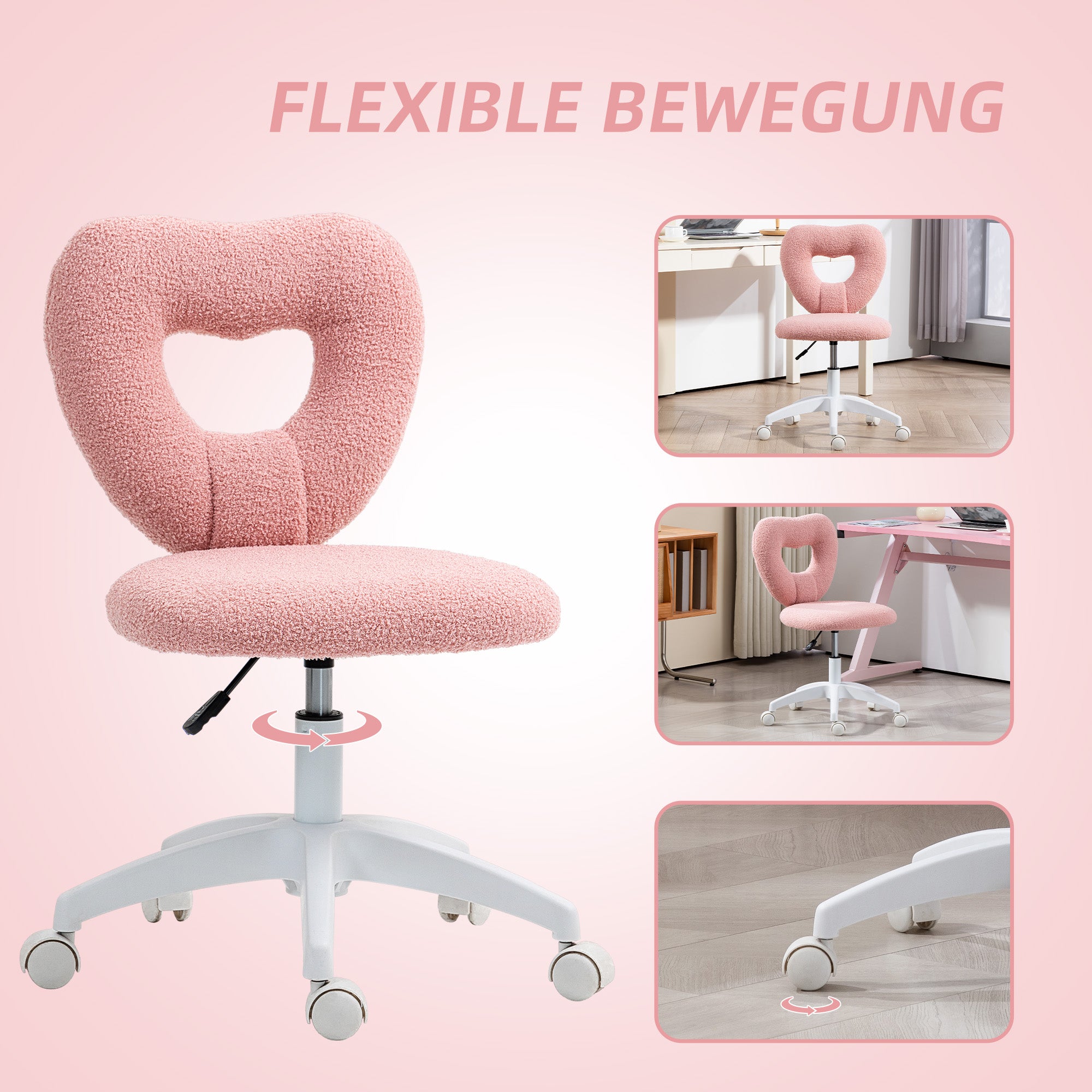 HOMCOM Schreibtischstuhl, Bürostuhl, Herzförmige Rückenlehne, gepolstert, Rosa