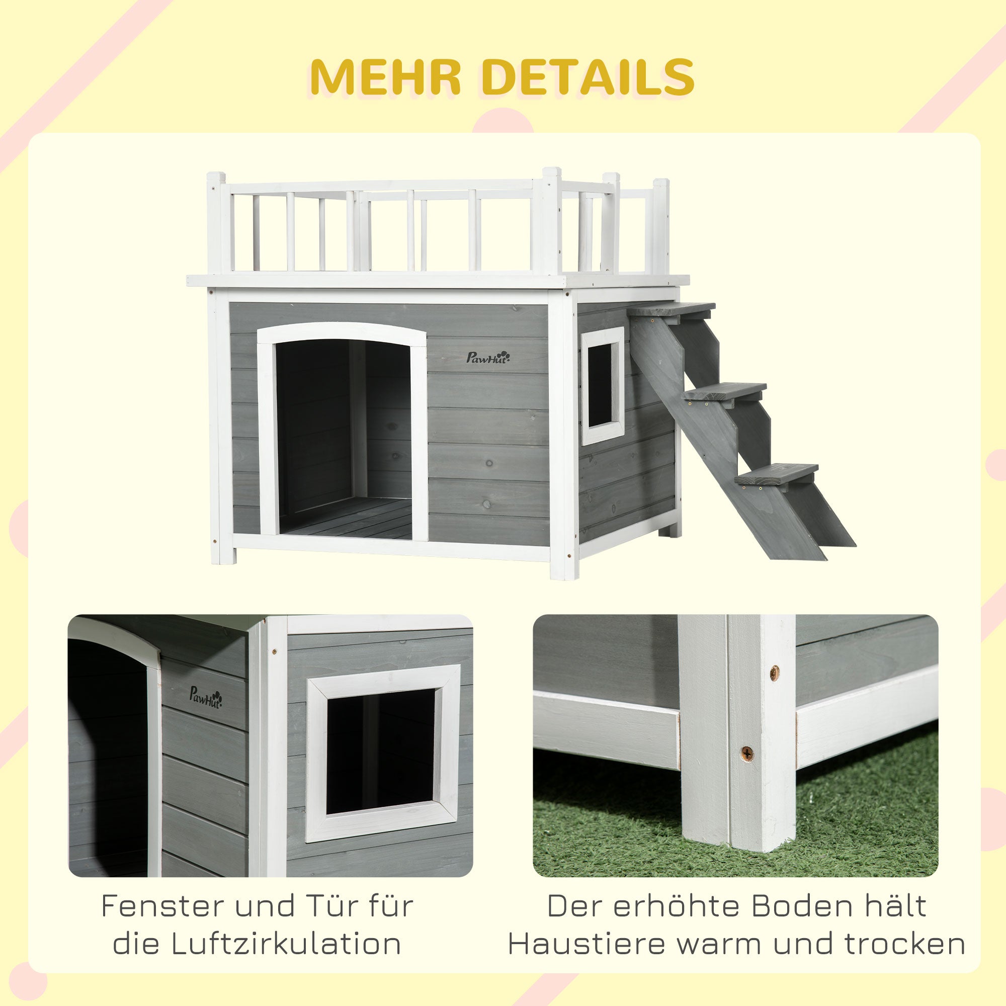 PawHut Hundehütte, Dachterrasse, Treppe, Fenster, Bodenabstand, Naturholz, hellgrau, 121 x 77 x 78cm