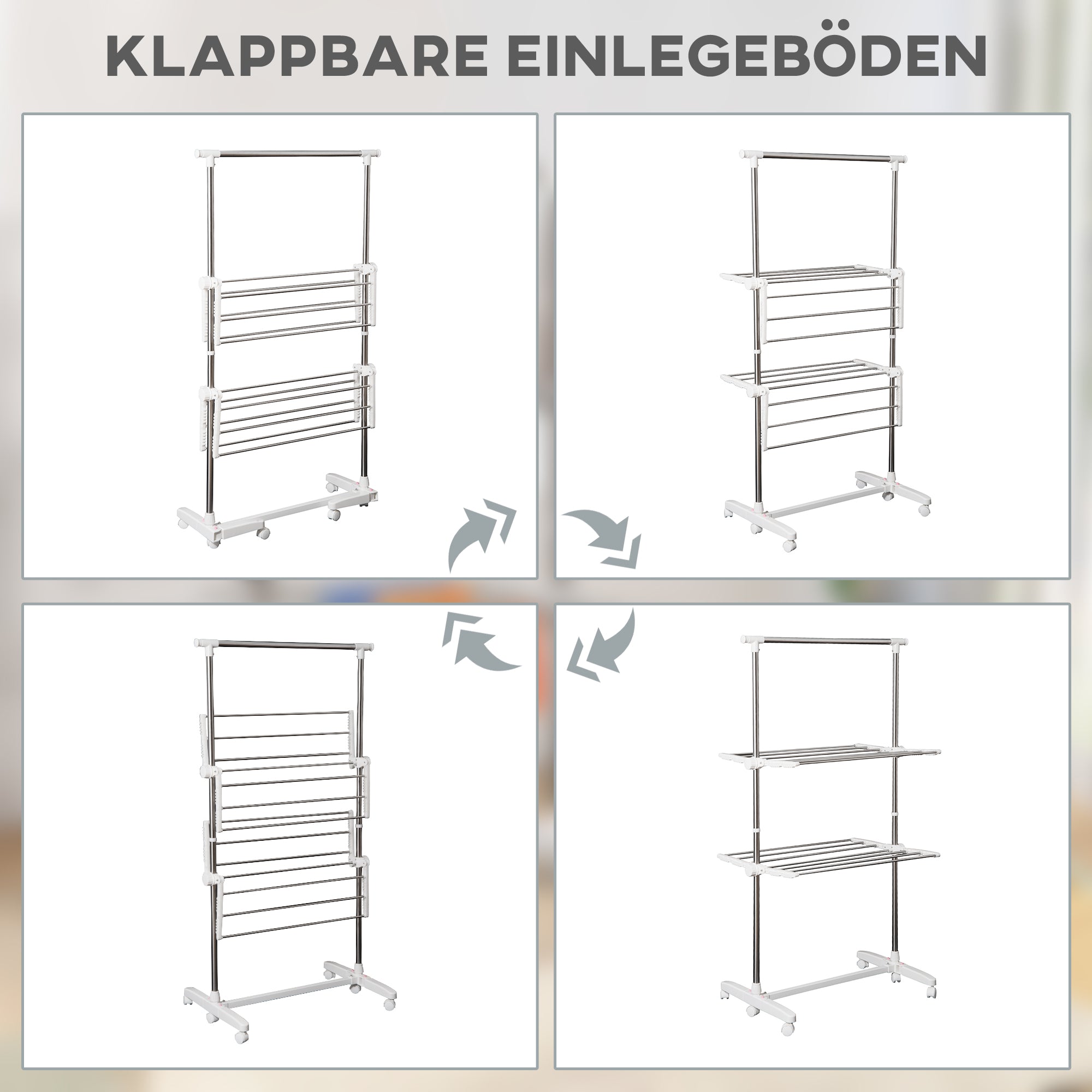 HOMCOM Turmwäscheständer ausziehbar Standtrockner mit 3 Ebenen, klappbare Flügel, Rollen, Wäschetrockner für Innen und Außen, Weiß, 83-136,5 x 45,5 x 154 cm