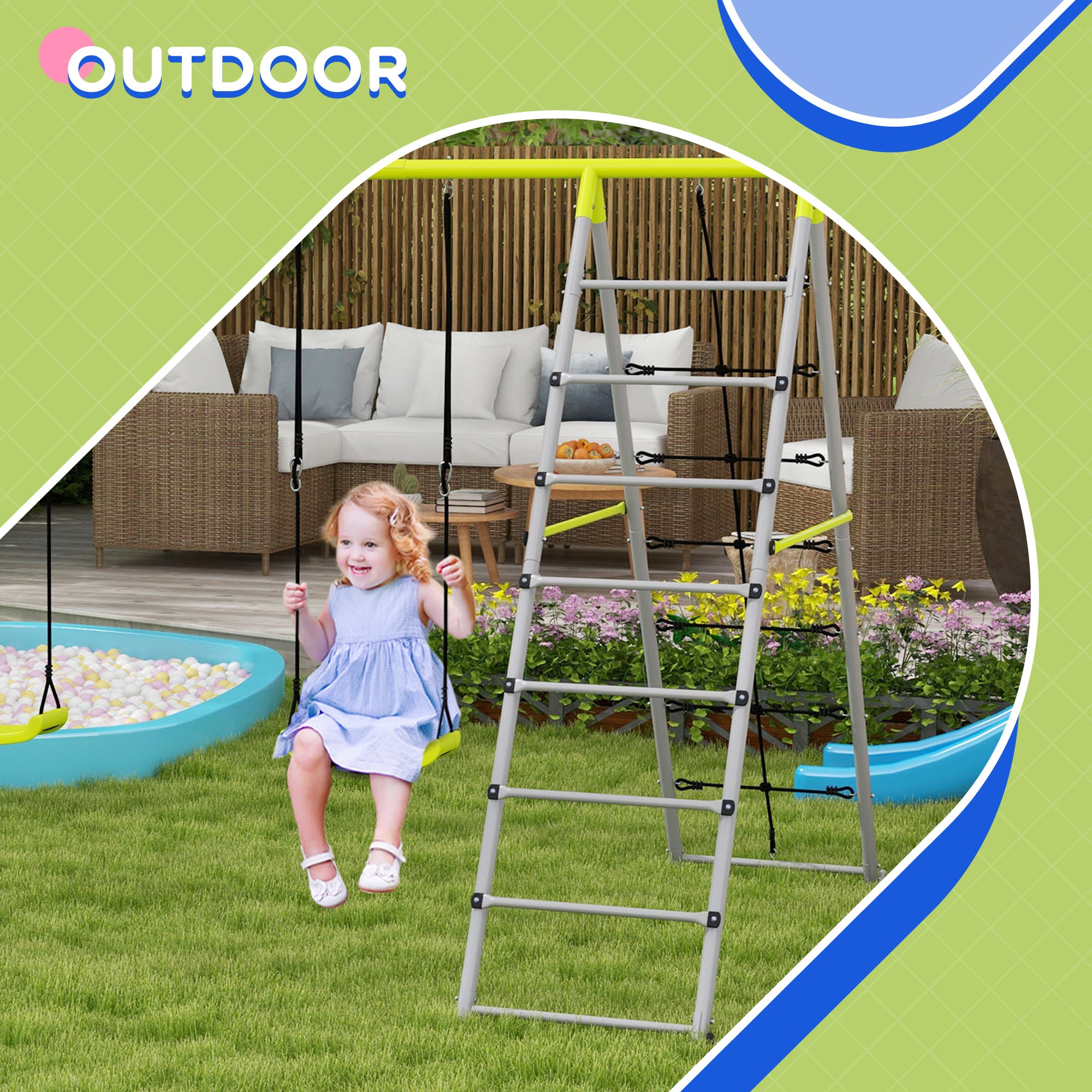 Outsunny Kinderschaukel-Set, mit Kletternetz und Sprossenleiter, für Kinder 3-8 Jahre, Stahlgestell, Grün