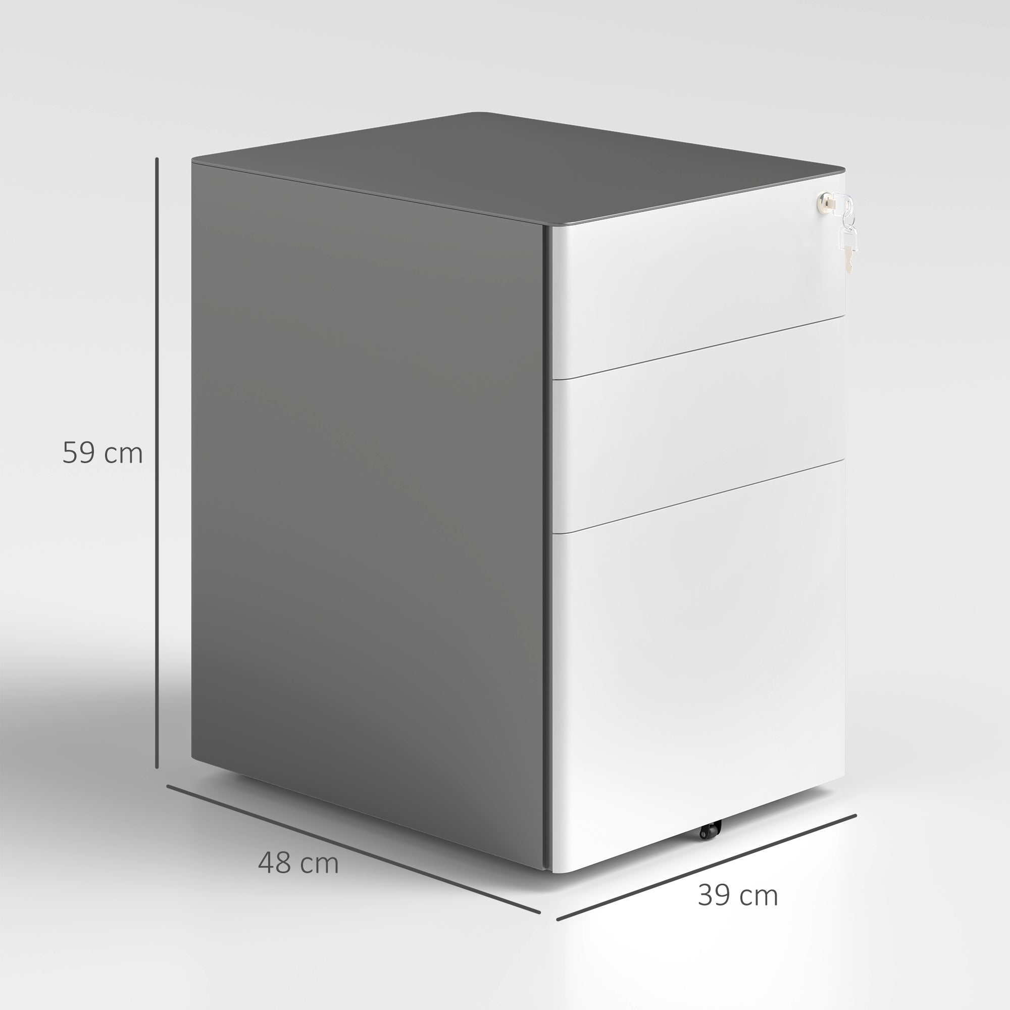Vinsetto Aktenschrank, Rollcontainer, 3 Schubladen & Hängeregister, Schloss, Stahlgehäuse, 39x48x59 cm, Weiß+Grau