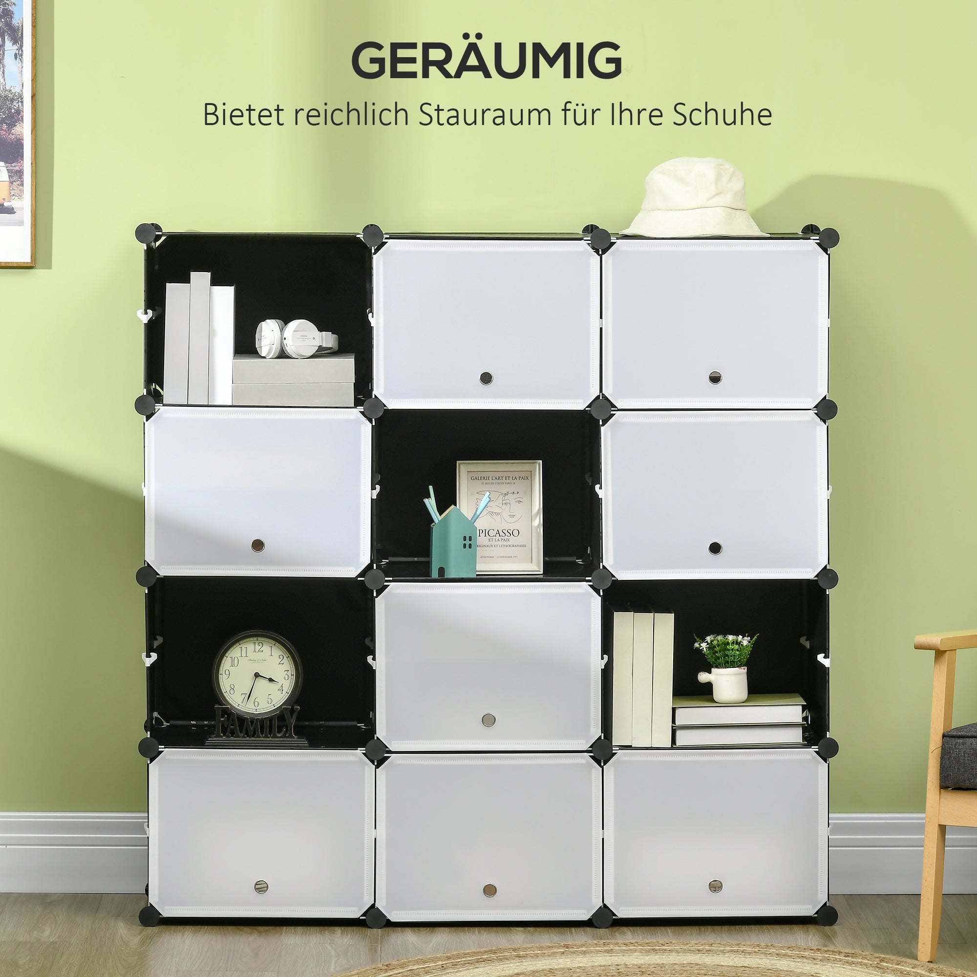 HOMCOM Modulares Regalsystem, Steckregal, zusammensetzbar aus 12 Würfeln 125 x 32 x 125 cm, Kunststoff+Stahl Schwarz