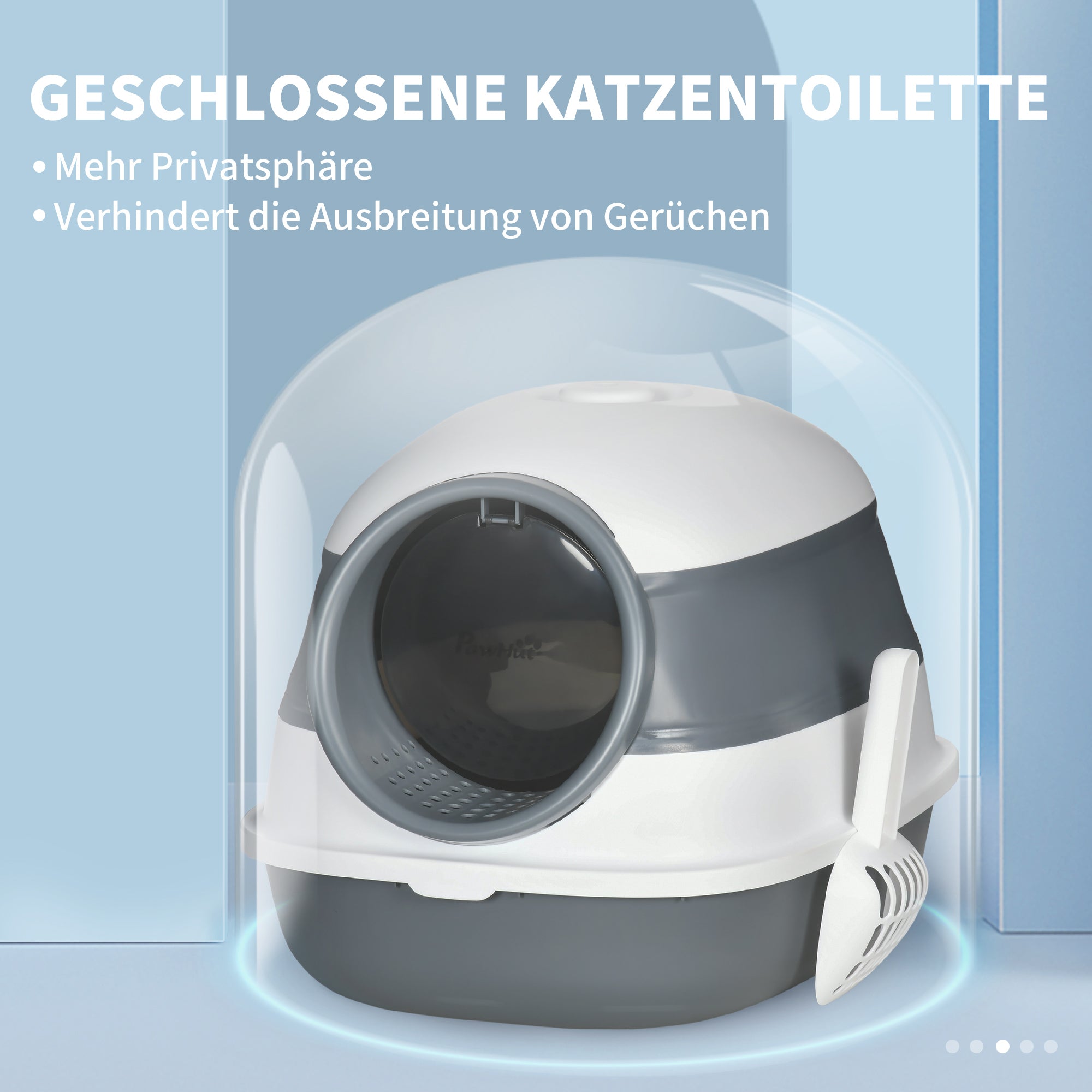 PawHut Katzentoilette, mit Streuschaufel, Eingang mit Bodengitter, abnehmbarer Deckel, weiß+grau, 52 x 41 x 38 cm