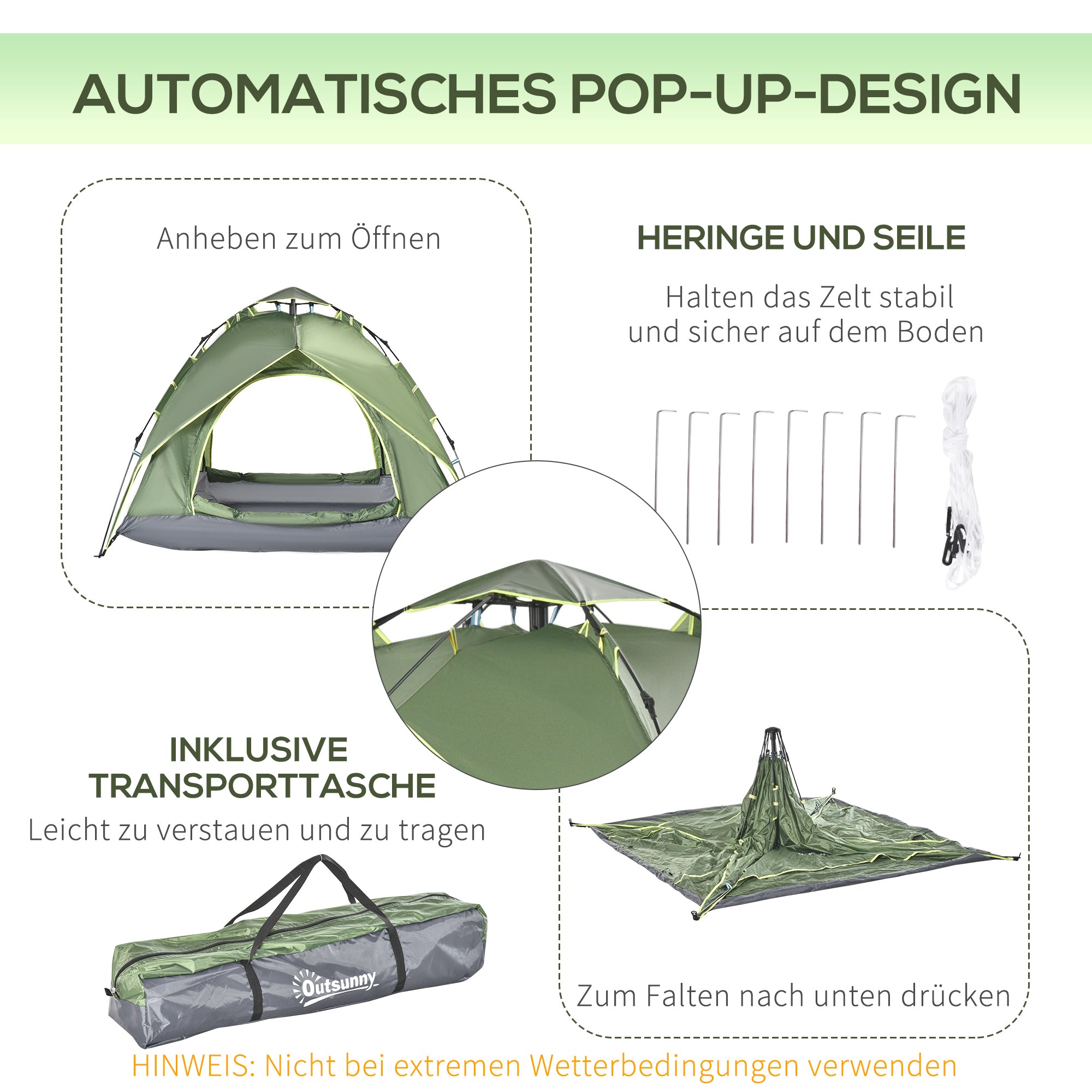 Outsunny Doppelzelt Campingzelt Outdoorzelt Familienzelt Quick-Up-Zelt 2 Erwachsene + 1 Kind 4 Jahreszeiten wasserdicht Tragetasche 2 Türen Polyester + Glasfaser Dunkelgrün 210 x 210 x 140 cm