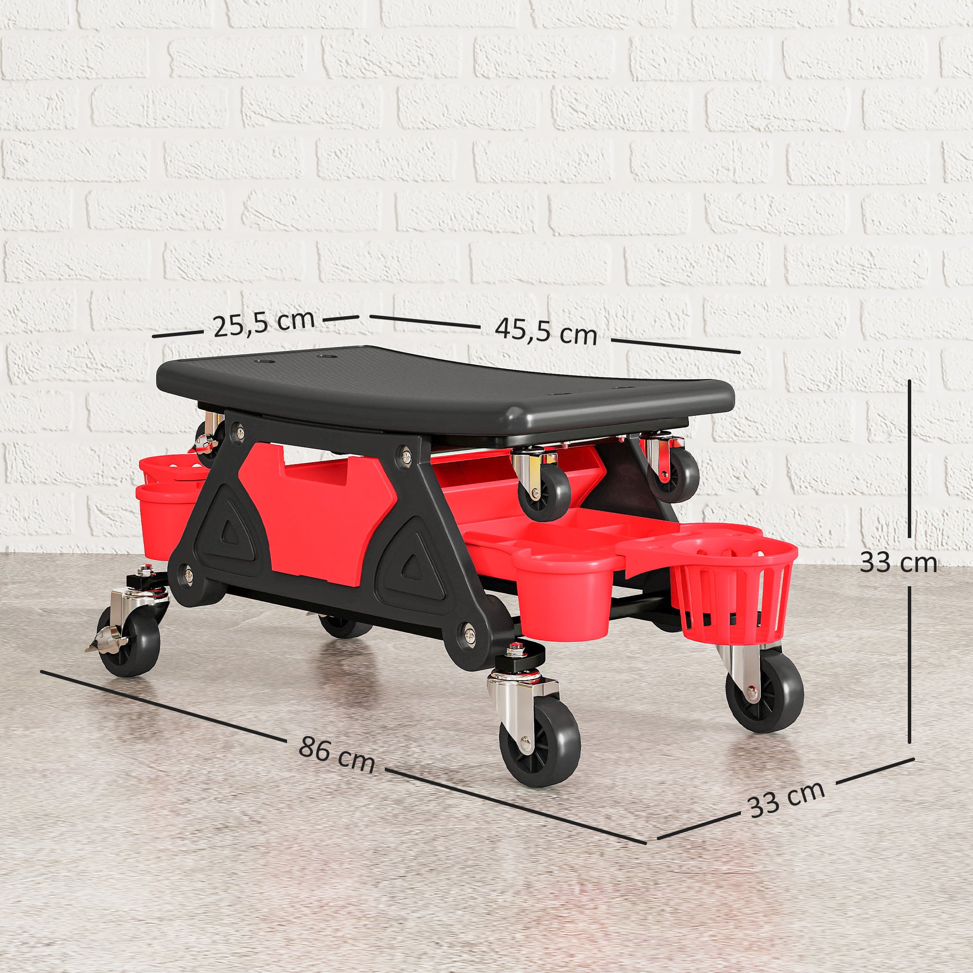 HOMCOM Werkstatthocker mit Rollen abnehmbar Sitz, Ablagefläche, 33cm hoch Rollhocker bis 135 kg belastbar Rot