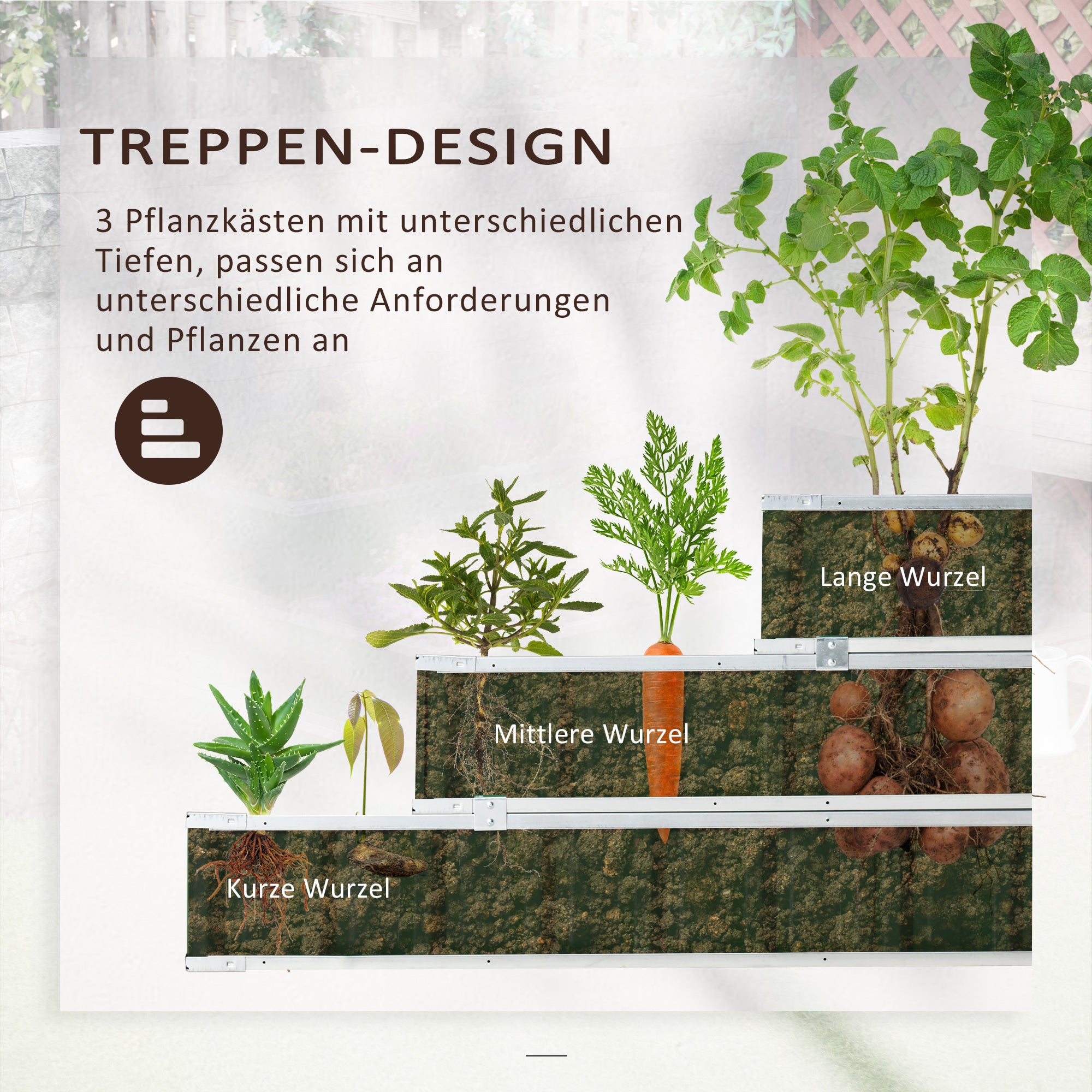 Outsunny Hochbeet aus Stahl 3-stufige Gartenbeet mit T-Form-Pflanzenschilder Handschuhe Pflanzenbeet Kräuterbeet Blumentreppe für Balkon Garten Dunkelgrau 118 x 118 x 62 cm