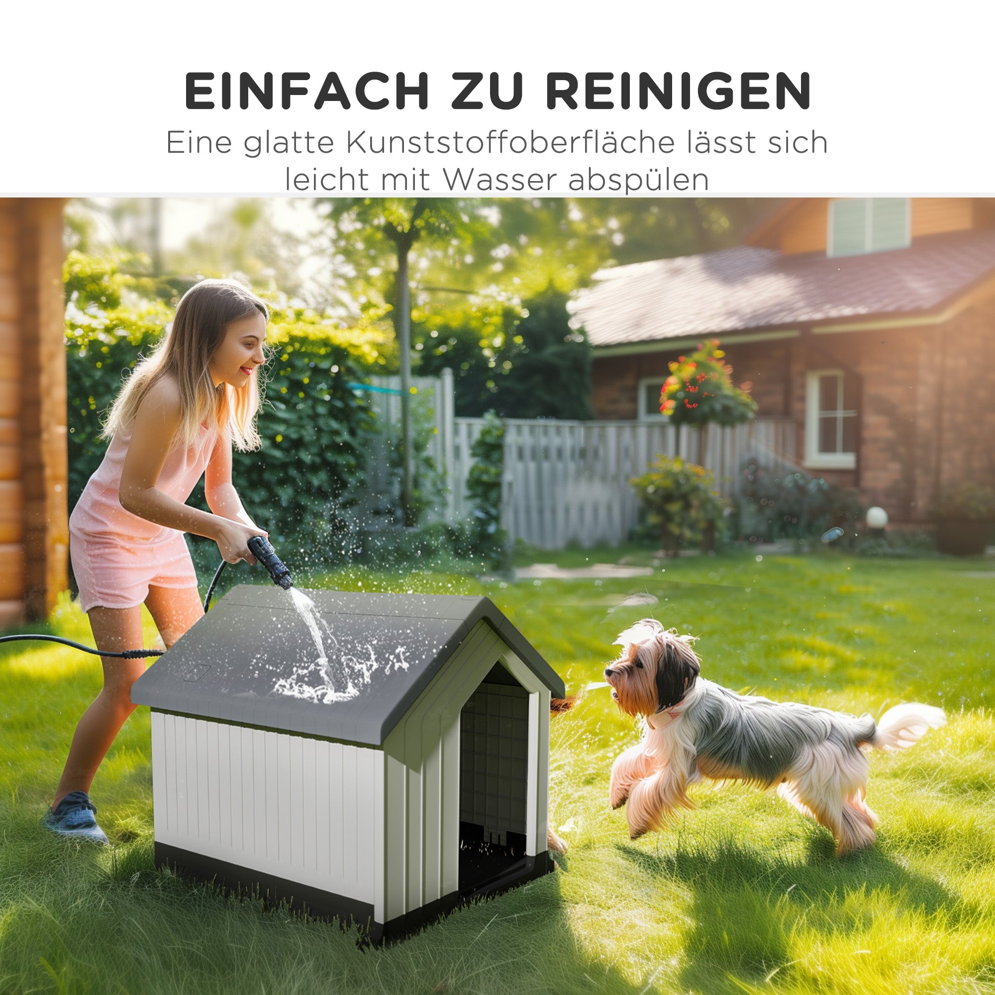 PawHut Hundehütte, wetterfest, Fenster & Tür, für kleine Hunde bis 10kg/40cm Länge, 62x61x60cm, Grau/Weiß