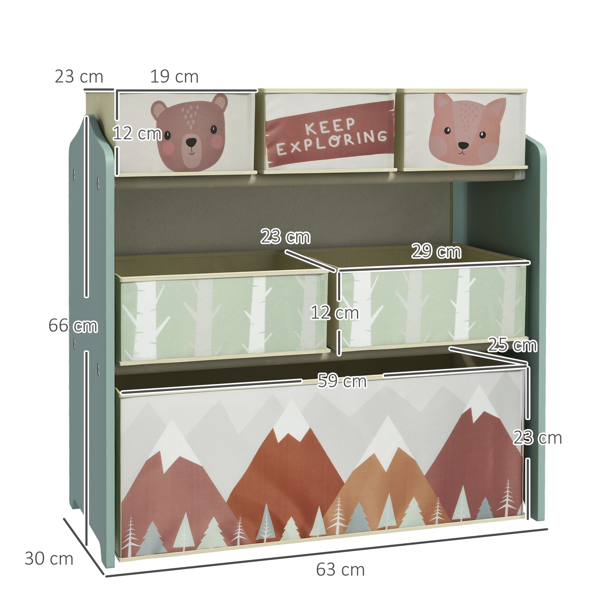 ZONEKIZ Kinderschrank mit 6 Stoffboxen, niedliches Motiv, 63x30x66 cm, Grün