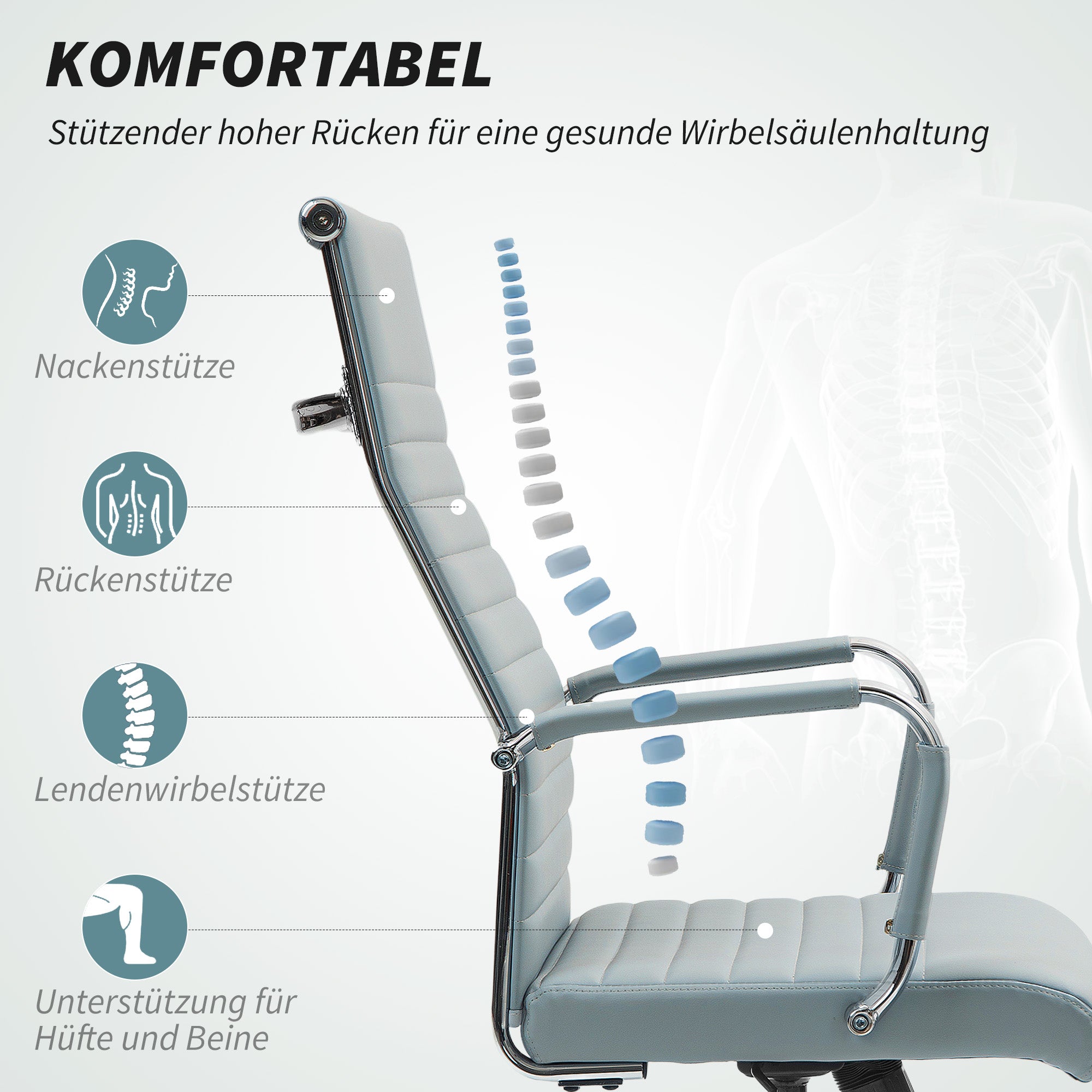 Vinsetto Bürostuhl, Drehstuhl mit Wippfunktion, höhenverstellbar, Kunstleder, bis 120 kg, Hellgrau