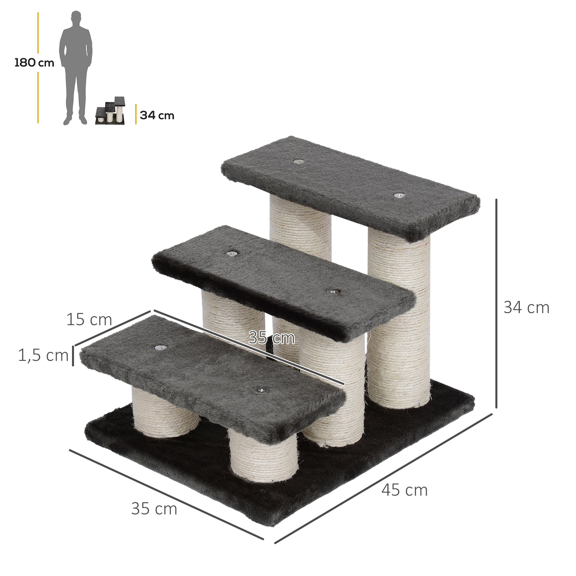 PawHut Hundetreppe 3 Stufen 34 cm Hoch Haustiertreppe für Hunde Katze Katzentreppe Hunderampe Einstiegshilfe für Bett, Sofa, Couch Dunkelgrau