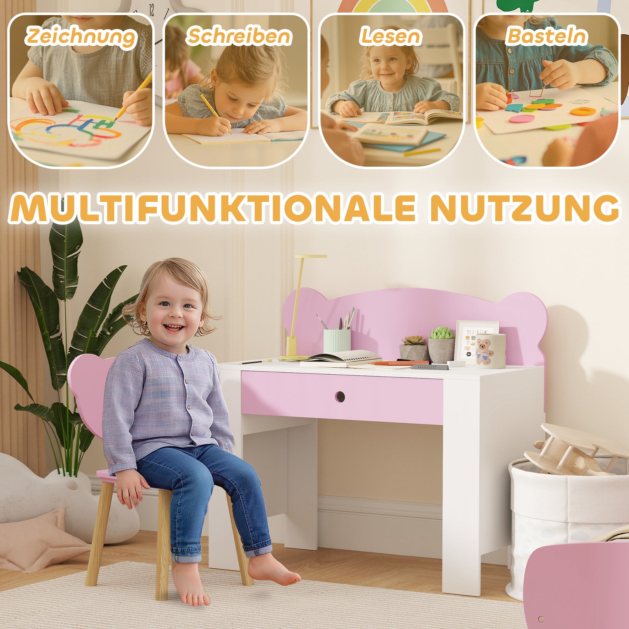 AIYAPLAY Schreibtisch-Set für Kinder, Arbeitstisch und Stuhl mit Bärenform, Schublade, zum Schreiben und Basteln, 3-8 Jahre, Rosa