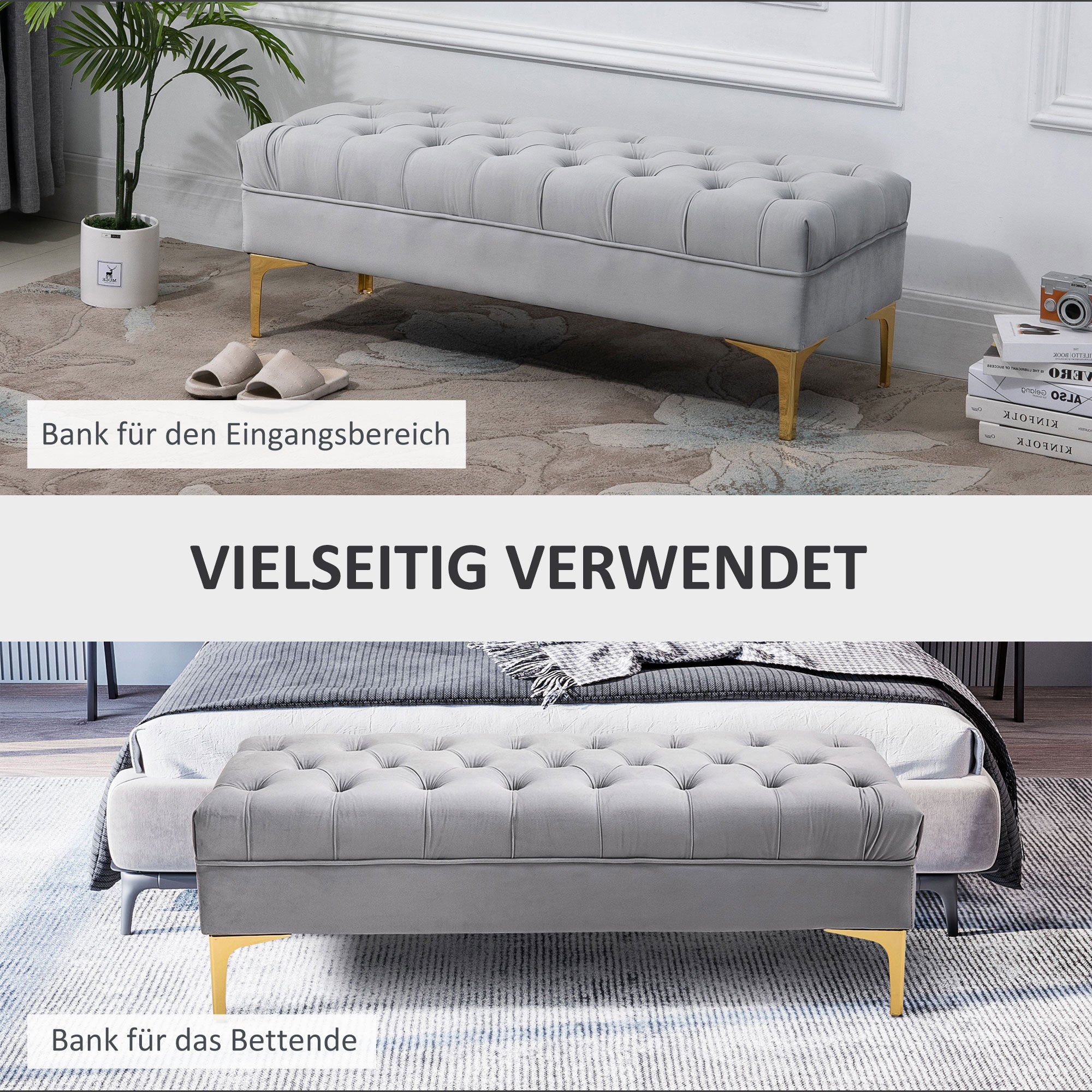 HOMCOM Sitzbank Bettbank Schuhbank mit erhöhten Beine Schlafzimmer Samt Hellgrau