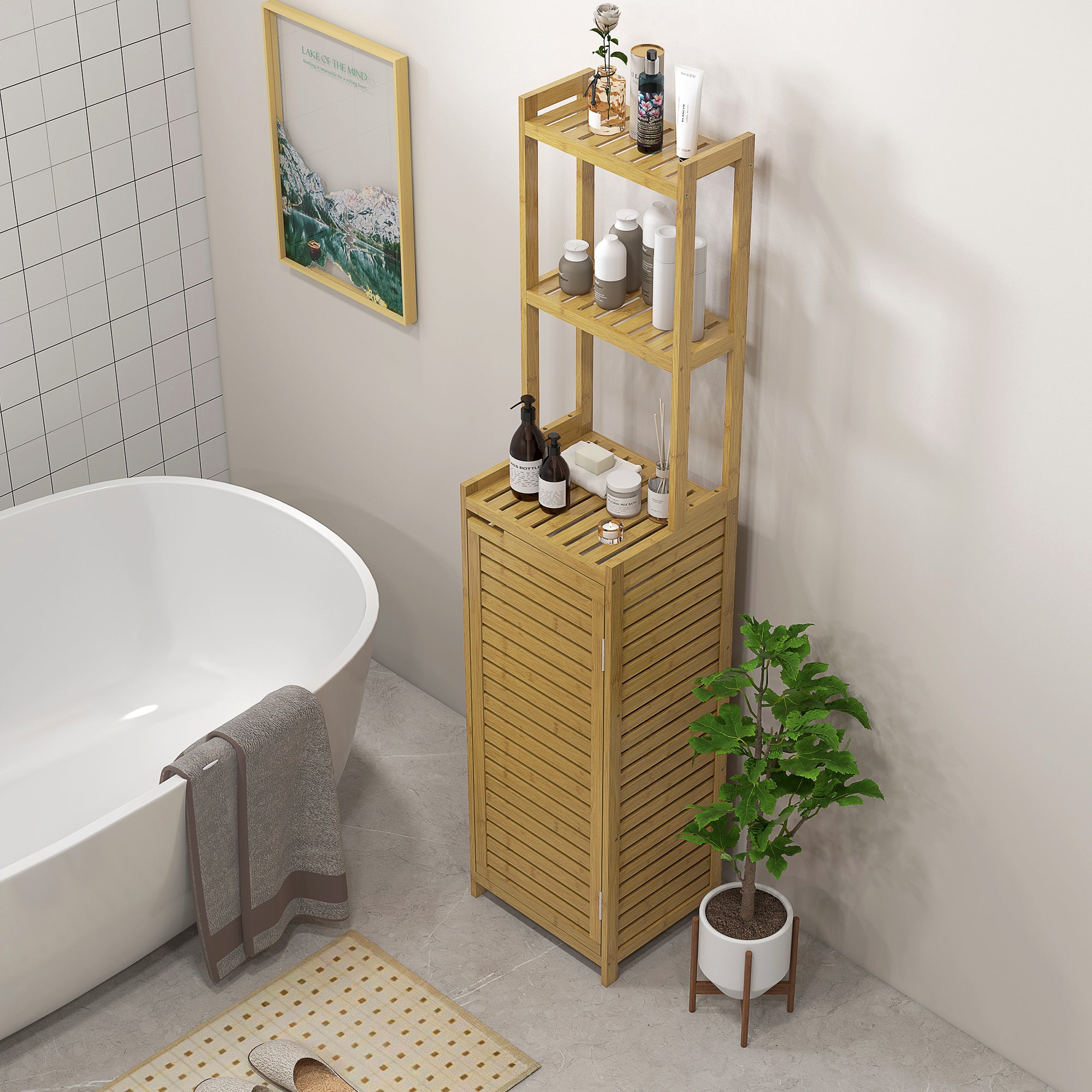 HOMCOM Badezimmerregal Badregal, 3 Regale, 1 Schrank, 38,5 cm x 33 cm x 170 cm, Natur