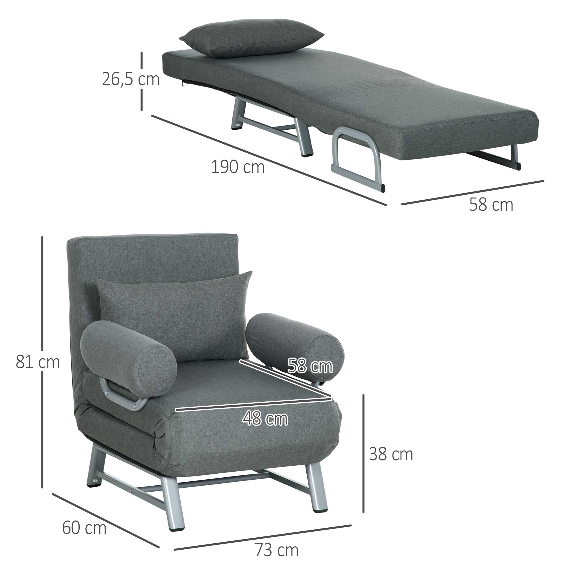 HOMCOM Schlafsessel, Polstersessel, zum Gästebett umwandelbar, ergonomisch, Dunkelgrau