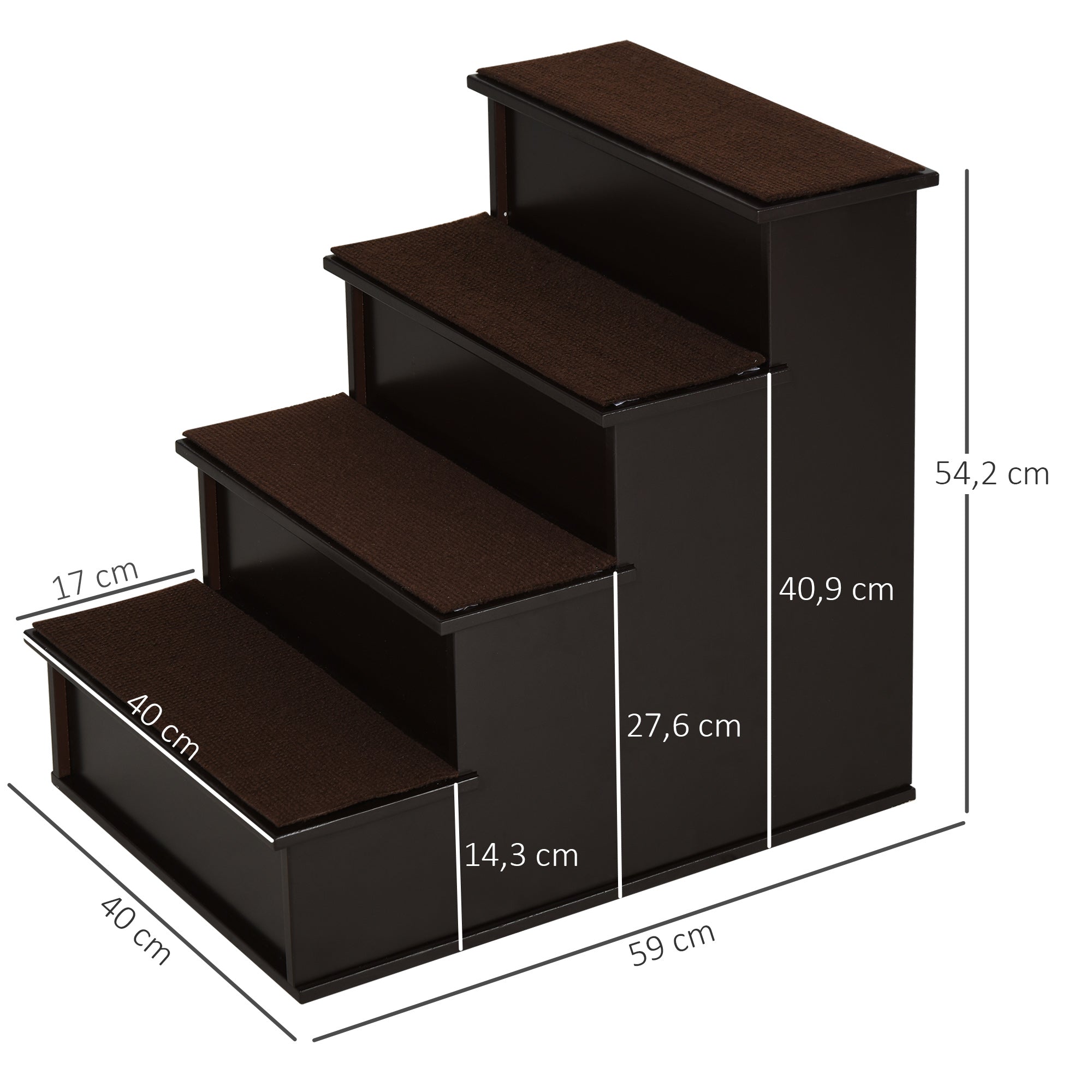 PawHut Haustiertreppe, für Hunde/Katzen, 4-stufig, Kurzplüsch, bis 30 kg, 40 x 59 x 54,2 cm, Dunkelbraun