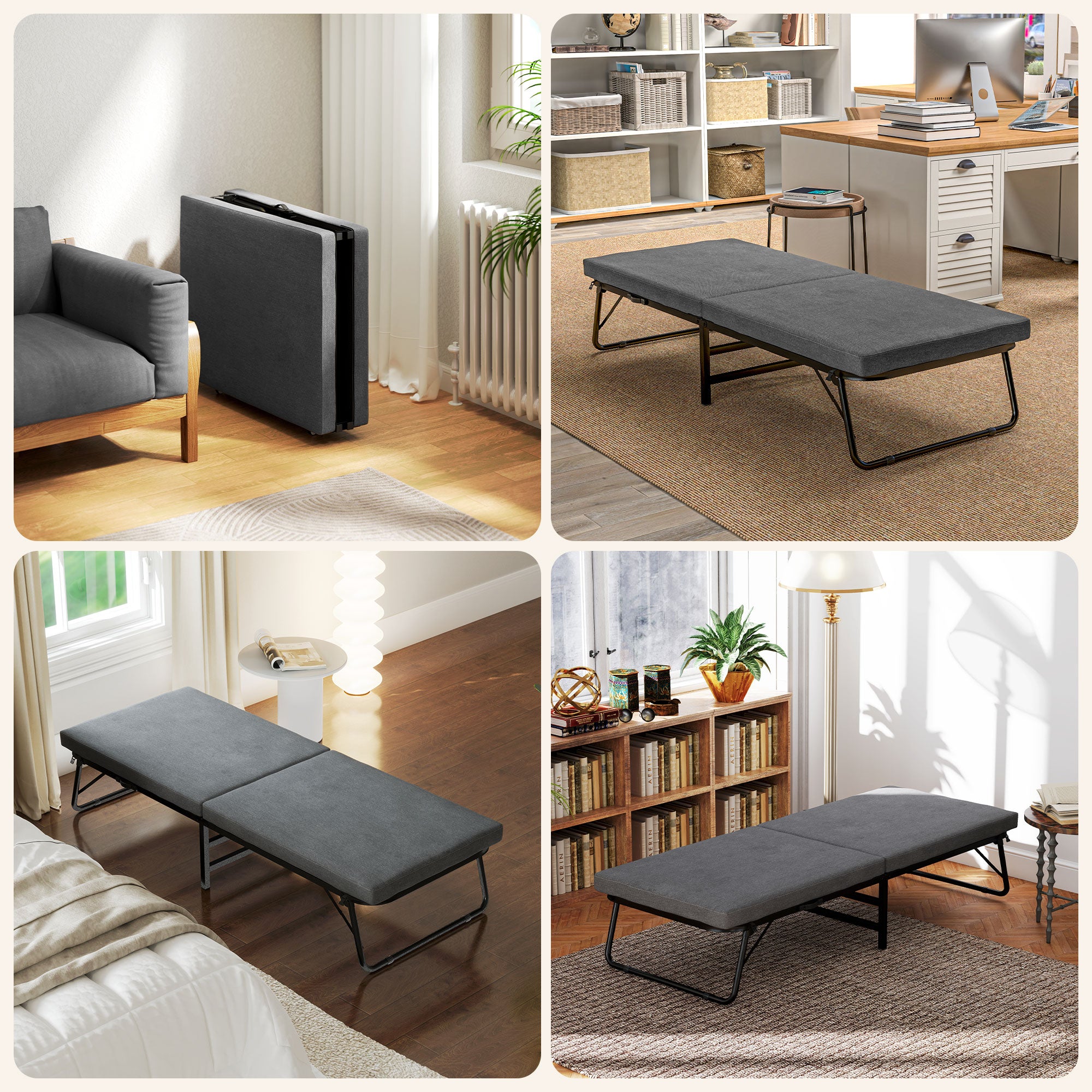 HOMCOM Klappbett, 70 x 190 cm Gästebett, mit 7 cm Schaumstoff-Matratze, verstellbare Rückenlehne, mit Rollen, Dunkelgrau