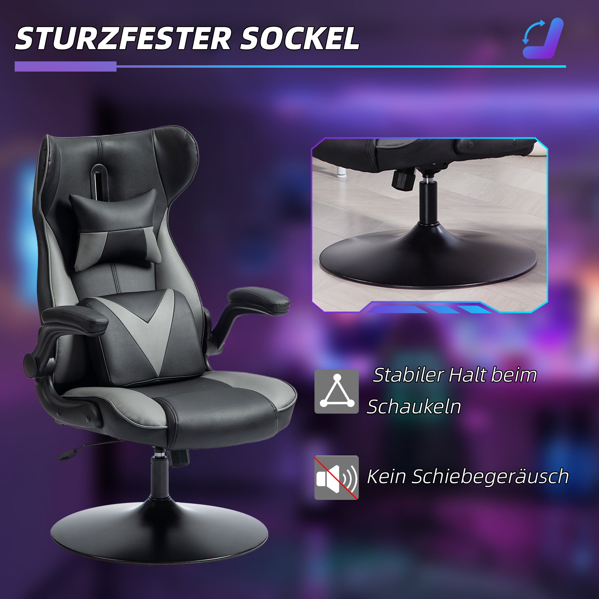 Vinsetto Gaming-Stuhl mit Schaukelfunktion, Drehstuhl, höhenverstellbar, gepolsterter Sitz, Metall, 67 x 71 x 112 cm, Grau