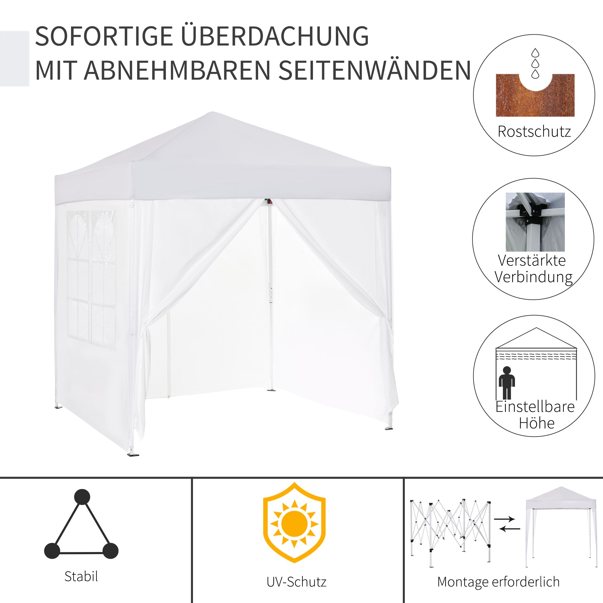 Outsunny Faltpavillon, Bierzelt, 4 abnehmbare Seitenwände, 2 Fenster, Metallrahmen, 2 x 2m, Weiß