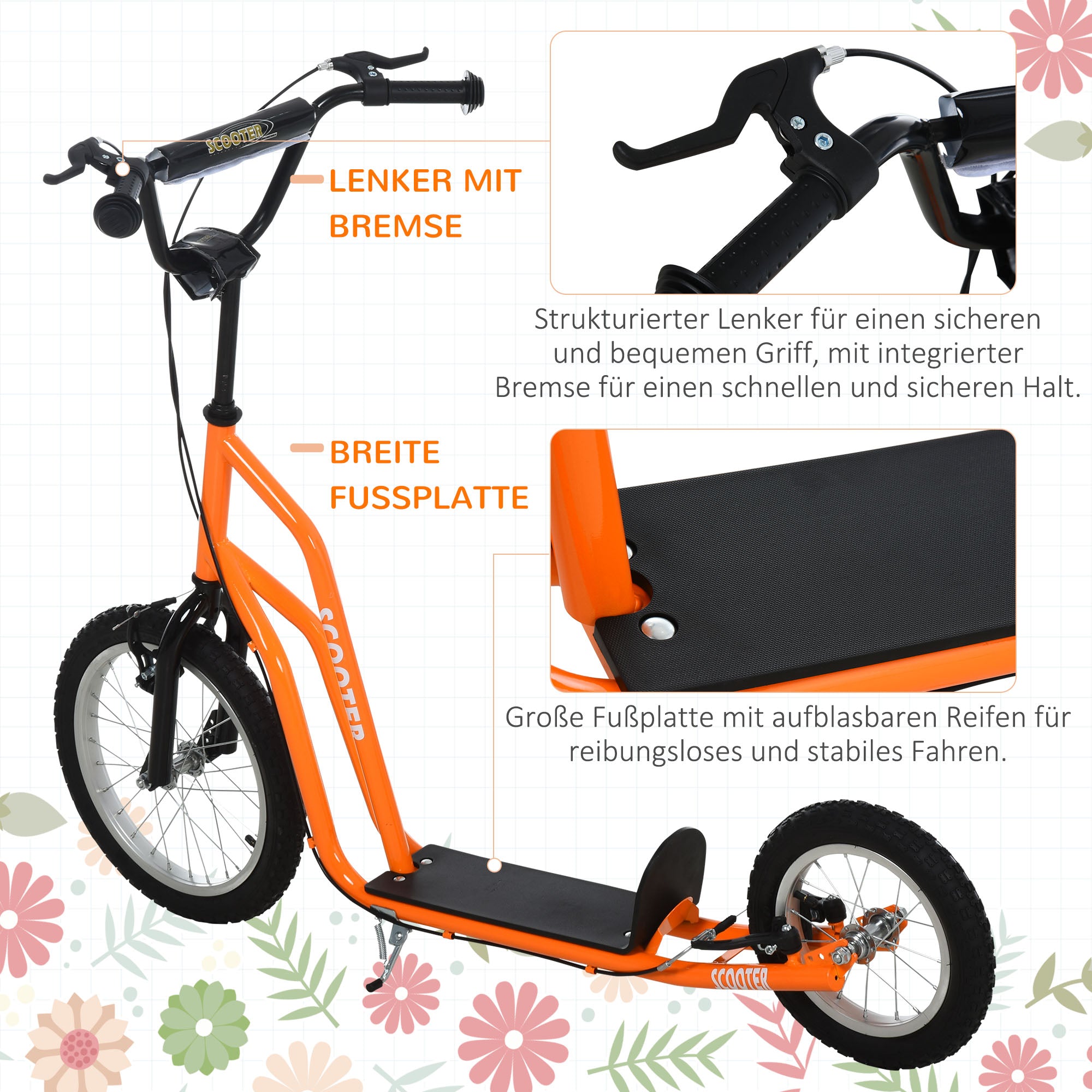 HOMCOM Kinderroller ab 5 jahre Scooter Tretroller Cityroller Kinder Roller Kickboard mit Luftreifen16/12 Zoll Orange 135 x 58 x 88-94 cm