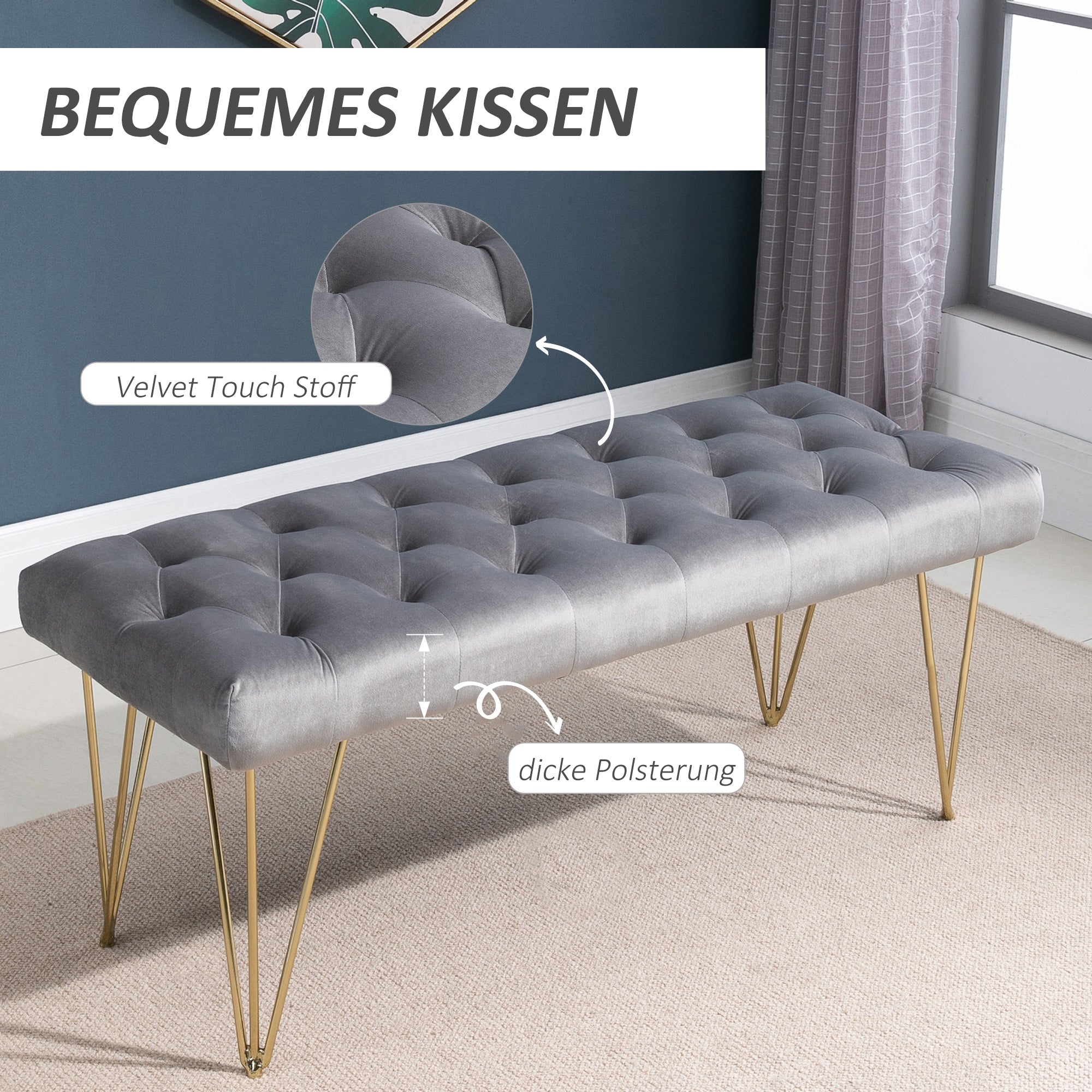 HOMCOM Sitzbank Polsterbank Pianobank Schuhbank mit Samtoptik Bettbank Klavierbank für Schlafzimmer, Wohnzimmer, Flur, Metall Grau 116 x 44,5 x 49 cm
