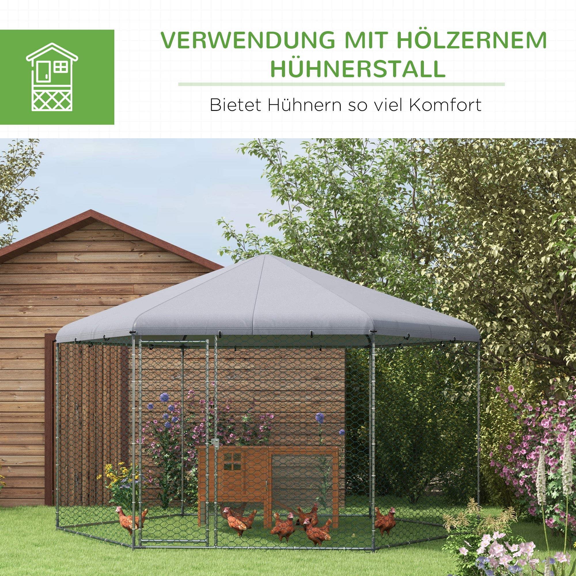 PawHut Hühnergehege mit schattenspendendem Dach, verzinktes Stahl, für 10-15 Tiere, Silber