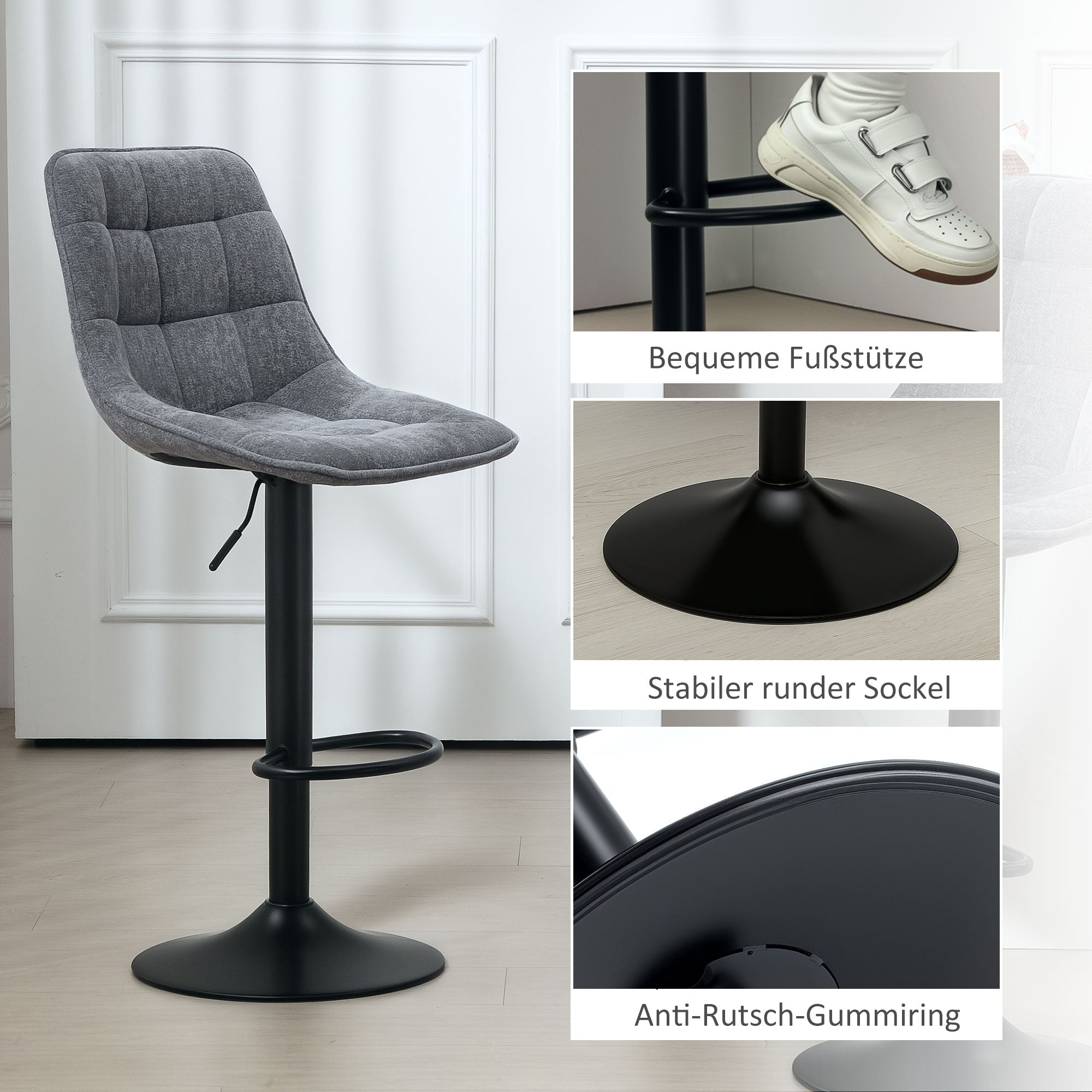 HOMCOM Moderner Barhocker, 2er-Set drehbare Barstühle mit Rückenlehne, höhenverstellbar, mit Fußstütze, gepolstert, Dunkelgrau