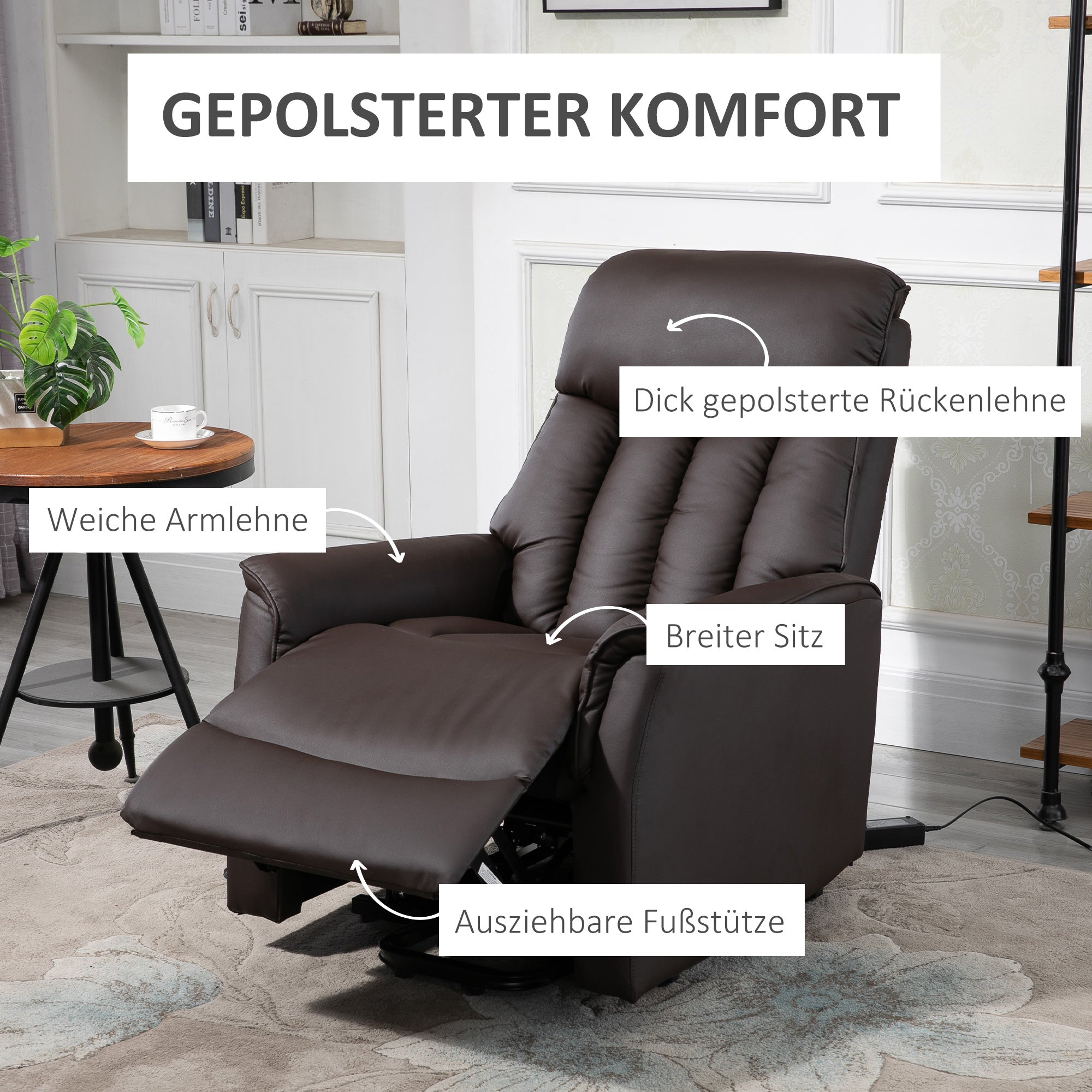HOMCOM Relaxsessel Elektrisch Fernsehsessel mit Aufstehhilfe, Liegefunktion, TV Sessel mit Fußteil, Seitentasche, Fernbedienung, für Wohnzimmer, bis 150 kg, Kunstleder, Braun