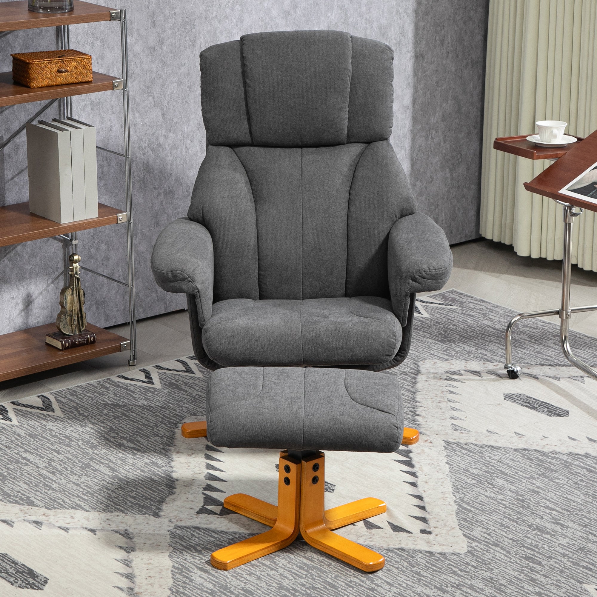 HOMCOM Verstellbarer Sessel mit Fußhocker mit hoher Lehne und Holzrahmen für Wohnzimmer, Schlafzimmer, Dunkelgrau