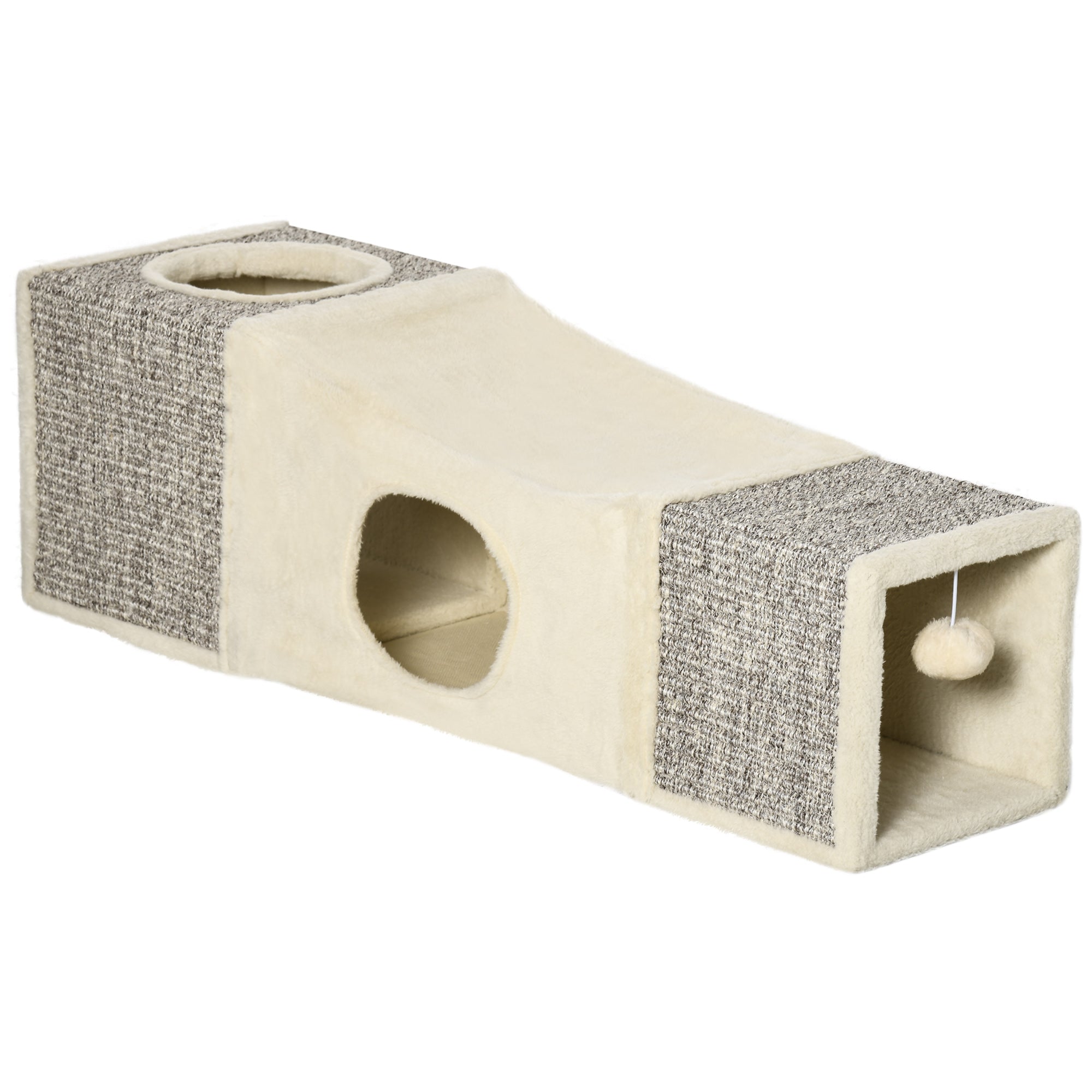 PawHut Katzentunnel, 2 Katzenhöhlen, Kratzflächen und Ballspielzeug, 98 cm x 30 cm x 30 cm, Braun + Beige
