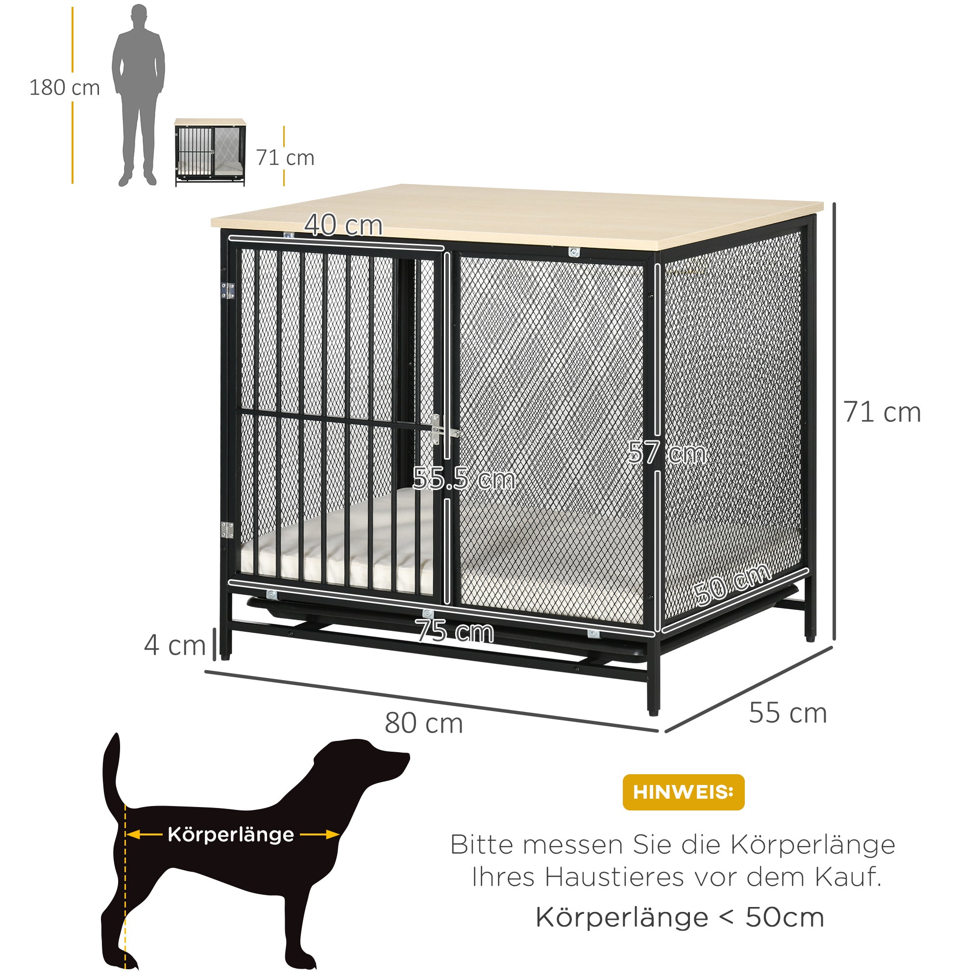 PawHut Hundekäfig, Hundebox, wasserabweisende Matte, herausnehmbare Bodenwanne, verriegelbar, Schwarz, 80 x 55 x 71 cm