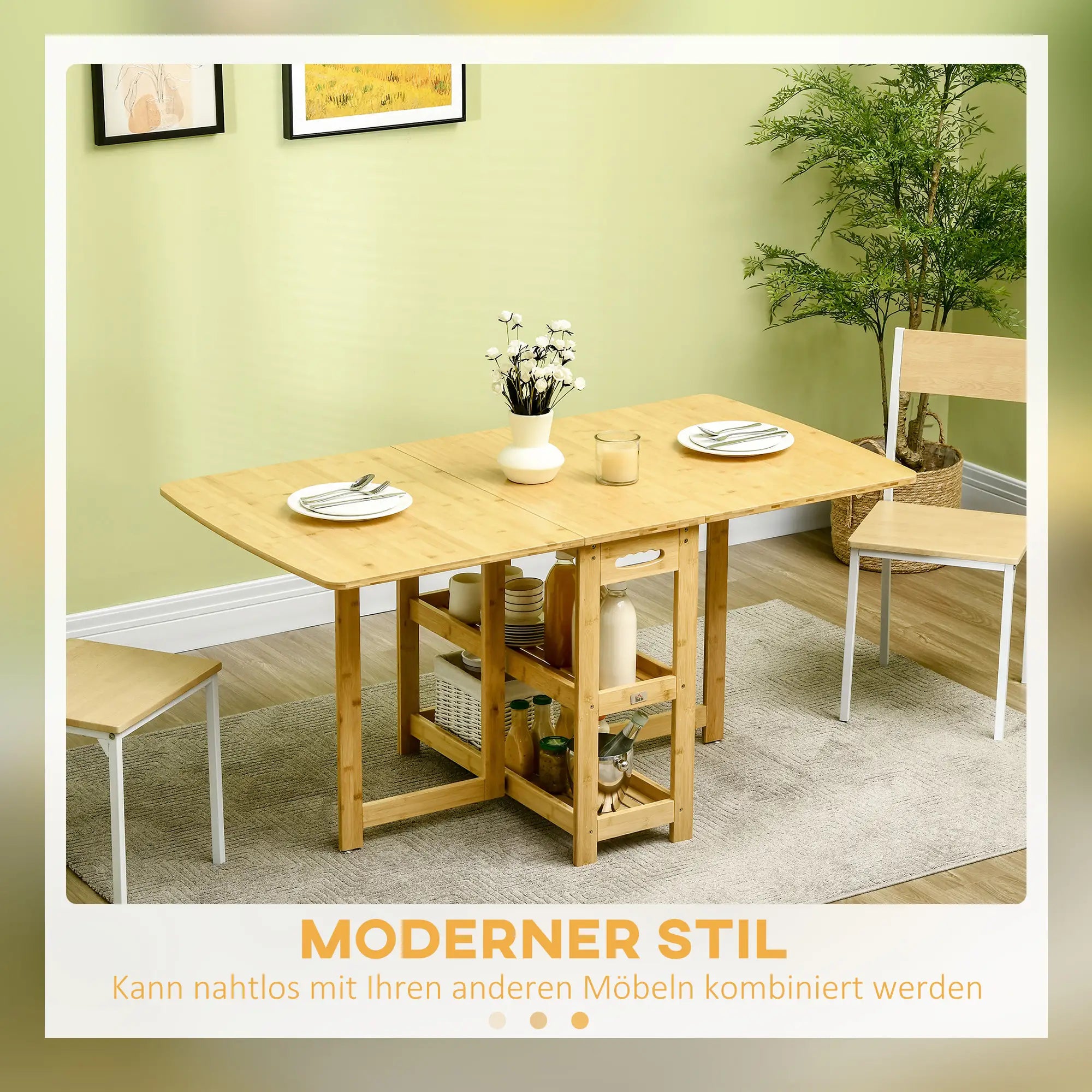 HOMCOM Klapptisch, Esstisch, zwei klappbare Seiten, zwei Ablagen, verstellbare Füße, Bambus, 149,5 x 80 x 73,5cm